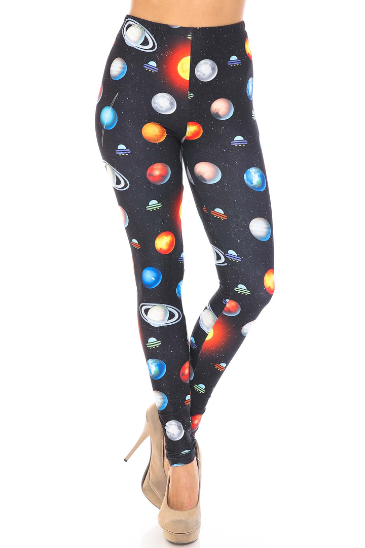 Plus Size - Creamy Soft Women's Laser Print Skin Smoothing Fashion Print Leggings - Galaxy Planets