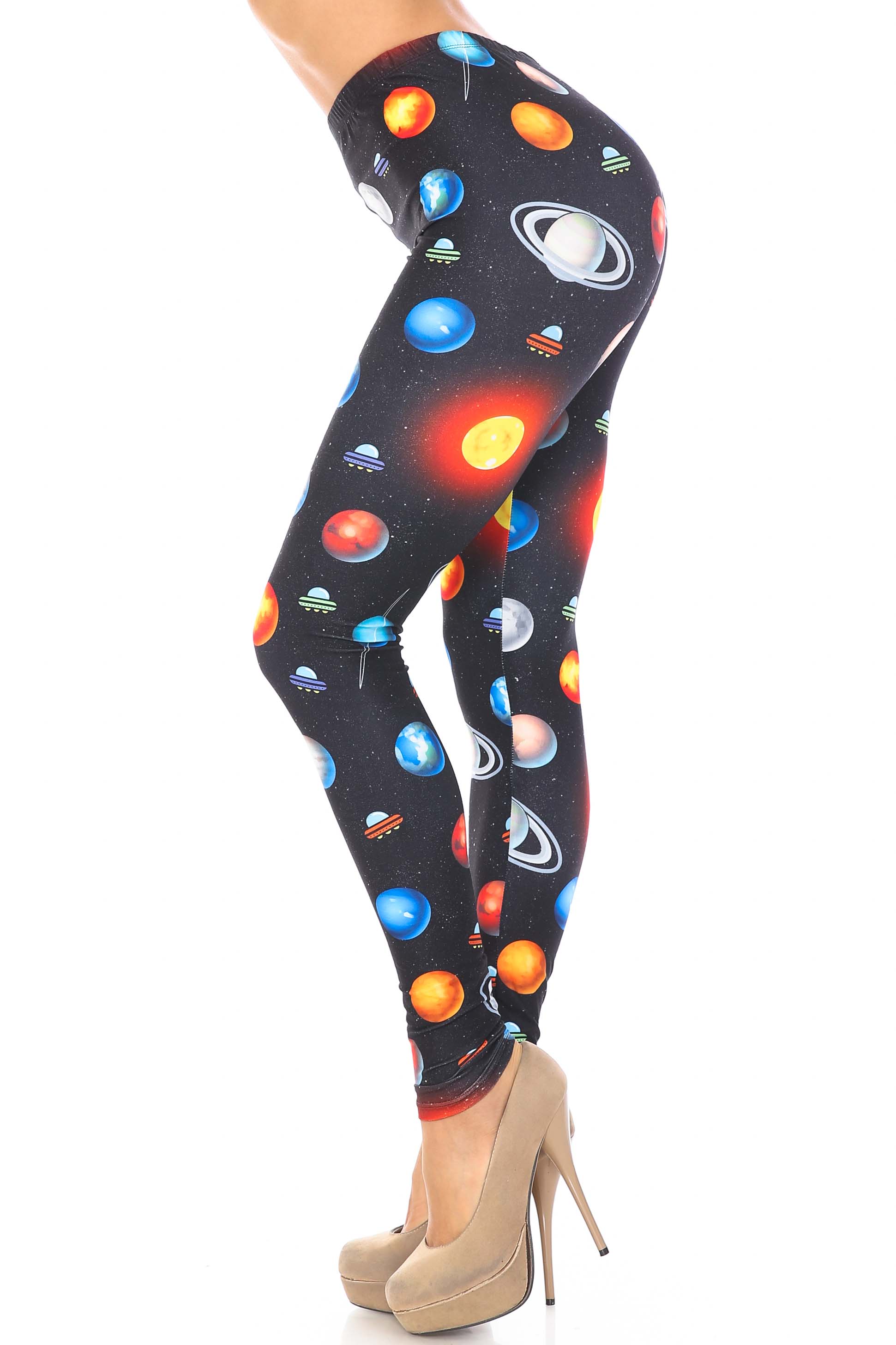 Plus Size - Creamy Soft Women's Laser Print Skin Smoothing Fashion Print Leggings - Galaxy Planets