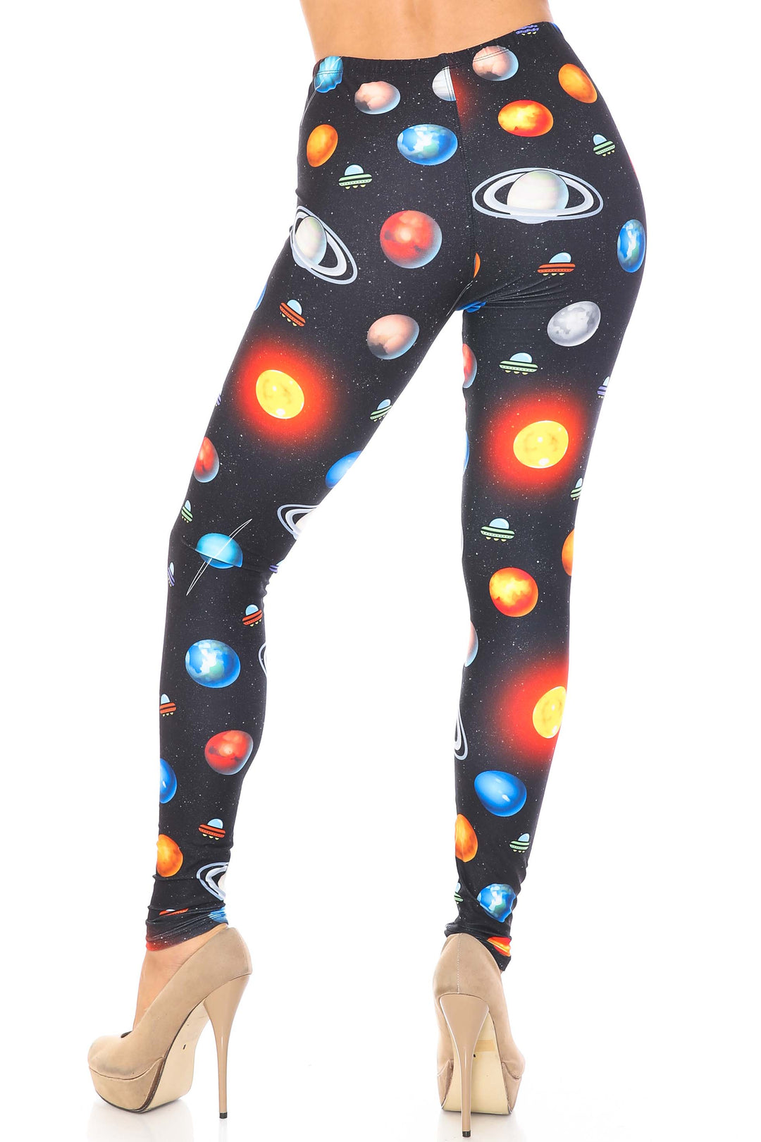 Plus Size - Creamy Soft Women's Laser Print Skin Smoothing Fashion Print Leggings - Galaxy Planets