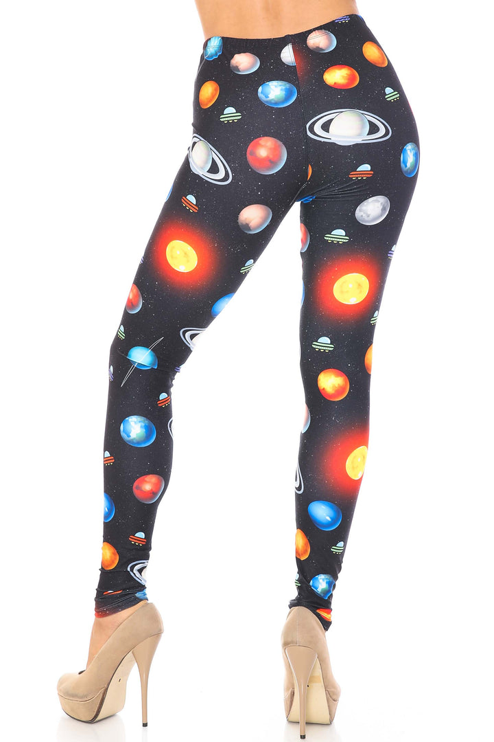 Plus Size - Creamy Soft Women's Laser Print Skin Smoothing Fashion Print Leggings - Galaxy Planets