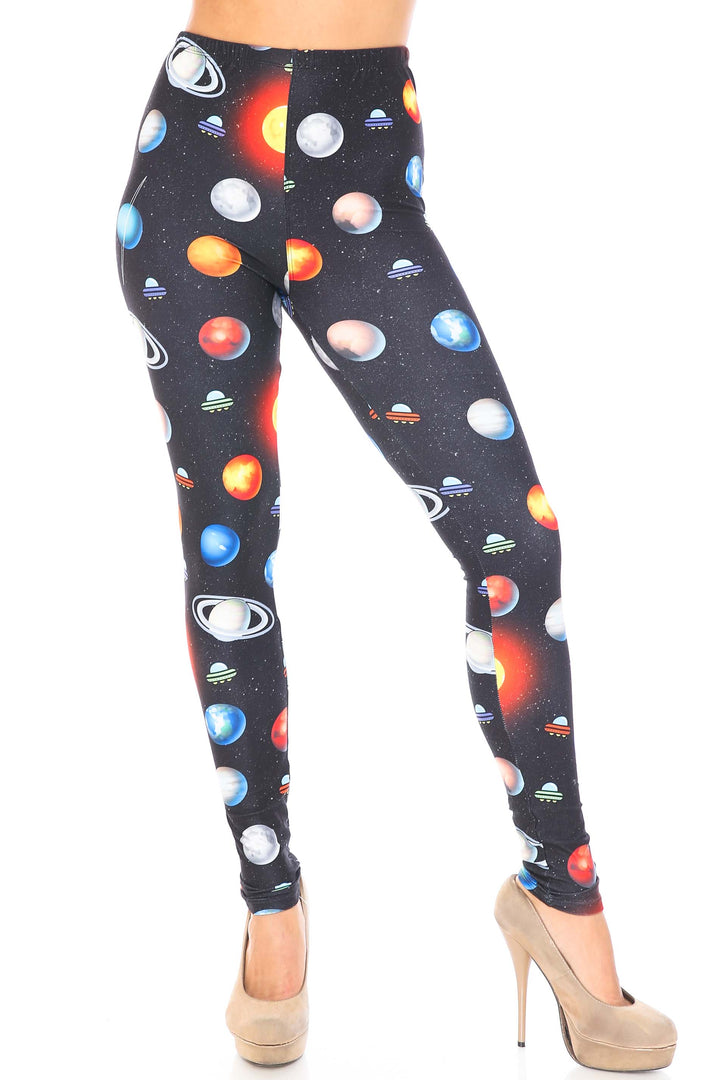 Plus Size - Creamy Soft Women's Laser Print Skin Smoothing Fashion Print Leggings - Galaxy Planets