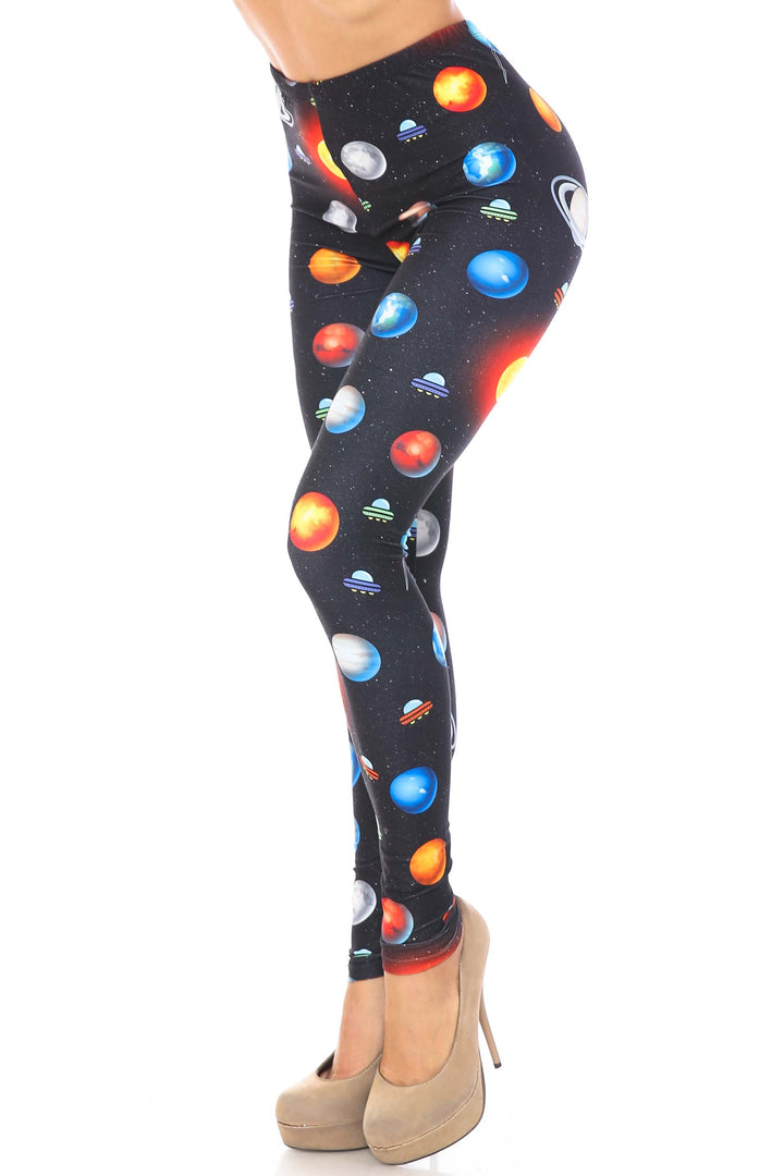 Plus Size - Creamy Soft Women's Laser Print Skin Smoothing Fashion Print Leggings - Galaxy Planets