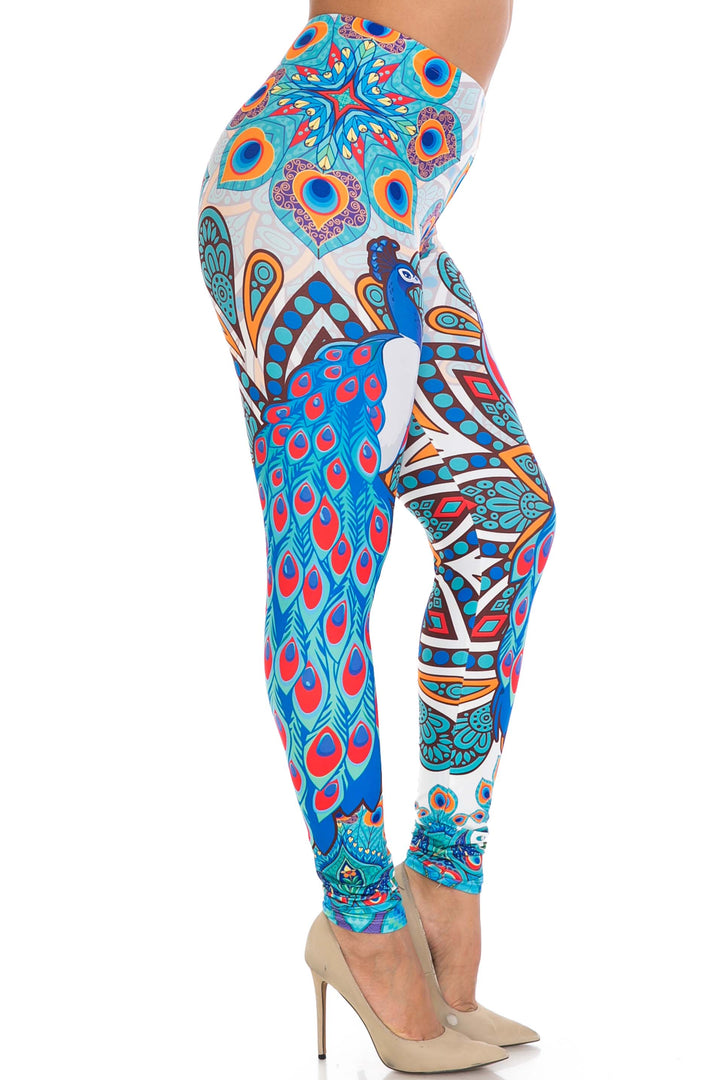 Creamy Soft Premium Women's Leggings Pristine Peacock Plus Size, High Rise, Stretchy & Breathable, Comfortable Fit - by USA Fashion