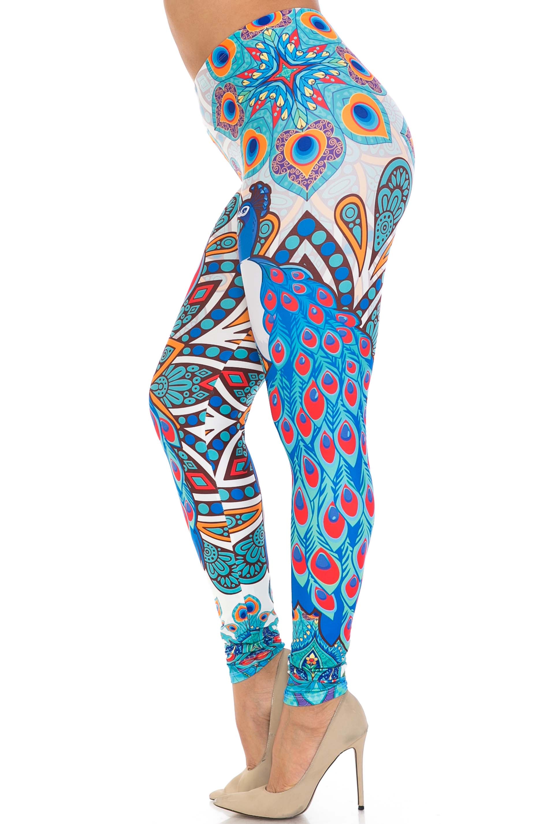 Creamy Soft Premium Women's Leggings Pristine Peacock Plus Size, High Rise, Stretchy & Breathable, Comfortable Fit - by USA Fashion