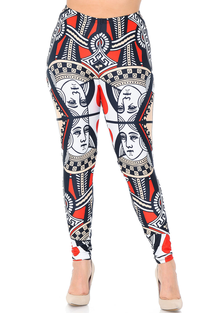 Creamy Soft Premium Women's Leggings Queen of Hearts Plus Size, High Rise, Stretchy & Breathable, Comfortable Fit - by USA Fashion