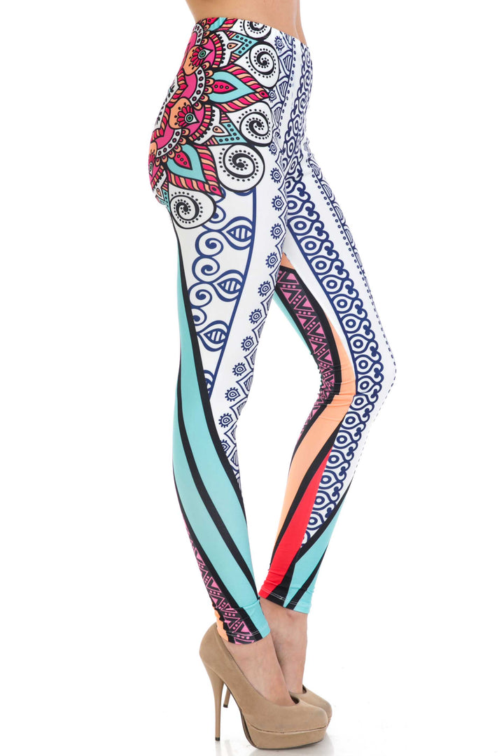 Plus Size - Creamy Soft Women's Laser Print Skin Smoothing Fashion Print Leggings - Sexy Vertical Contouring Mandala