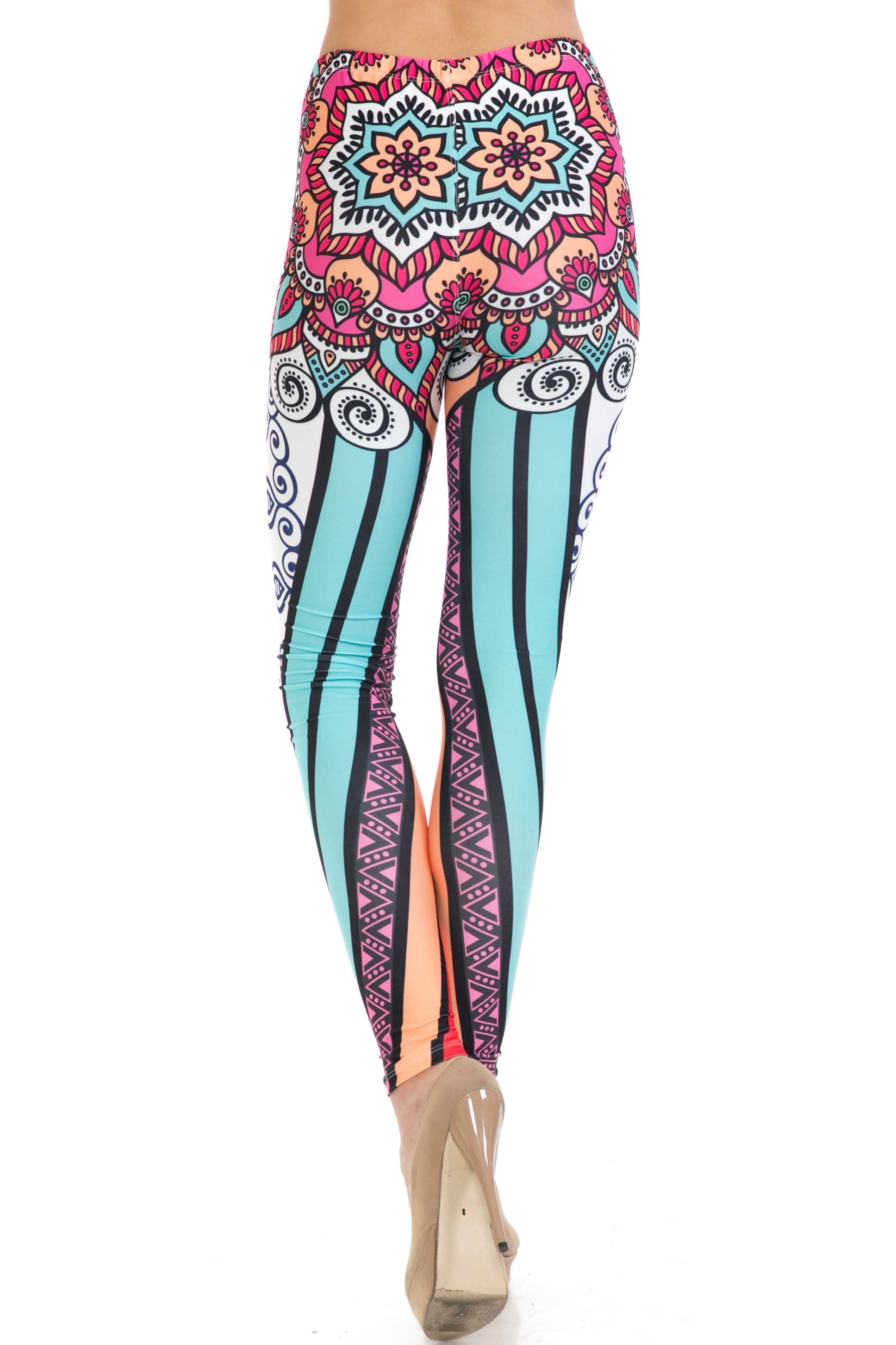 Plus Size - Creamy Soft Women's Laser Print Skin Smoothing Fashion Print Leggings - Sexy Vertical Contouring Mandala