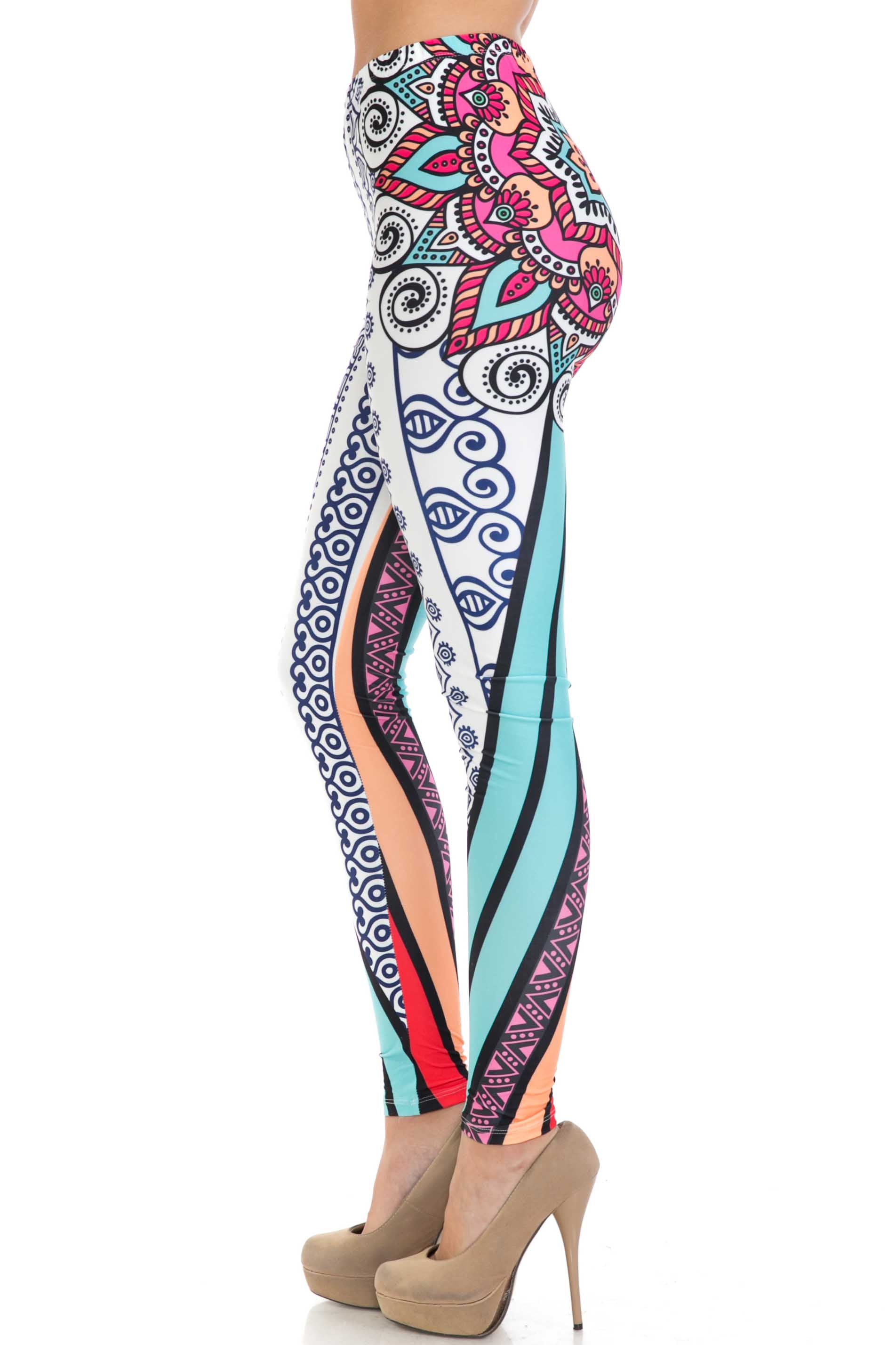 Plus Size - Creamy Soft Women's Laser Print Skin Smoothing Fashion Print Leggings - Sexy Vertical Contouring Mandala