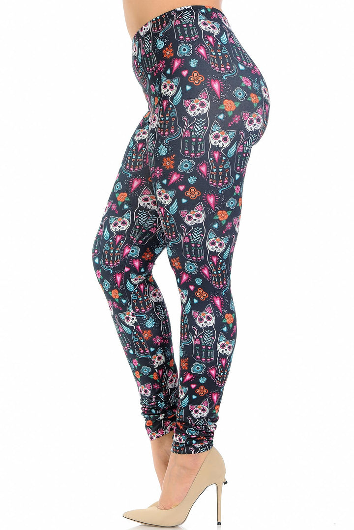 Plus Size - Creamy Soft Women's Laser Print Skin Smoothing Fashion Print Leggings - Sugar Skull Kitty Cats