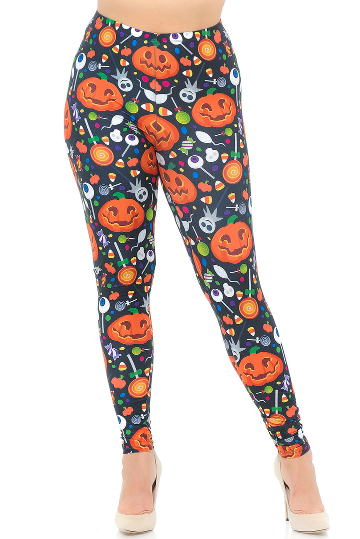 Creamy Soft Pumpkins and Halloween Candy Plus Size Leggings - USA Fashionâ„¢ (One Size Plus,Multi Color Bold)