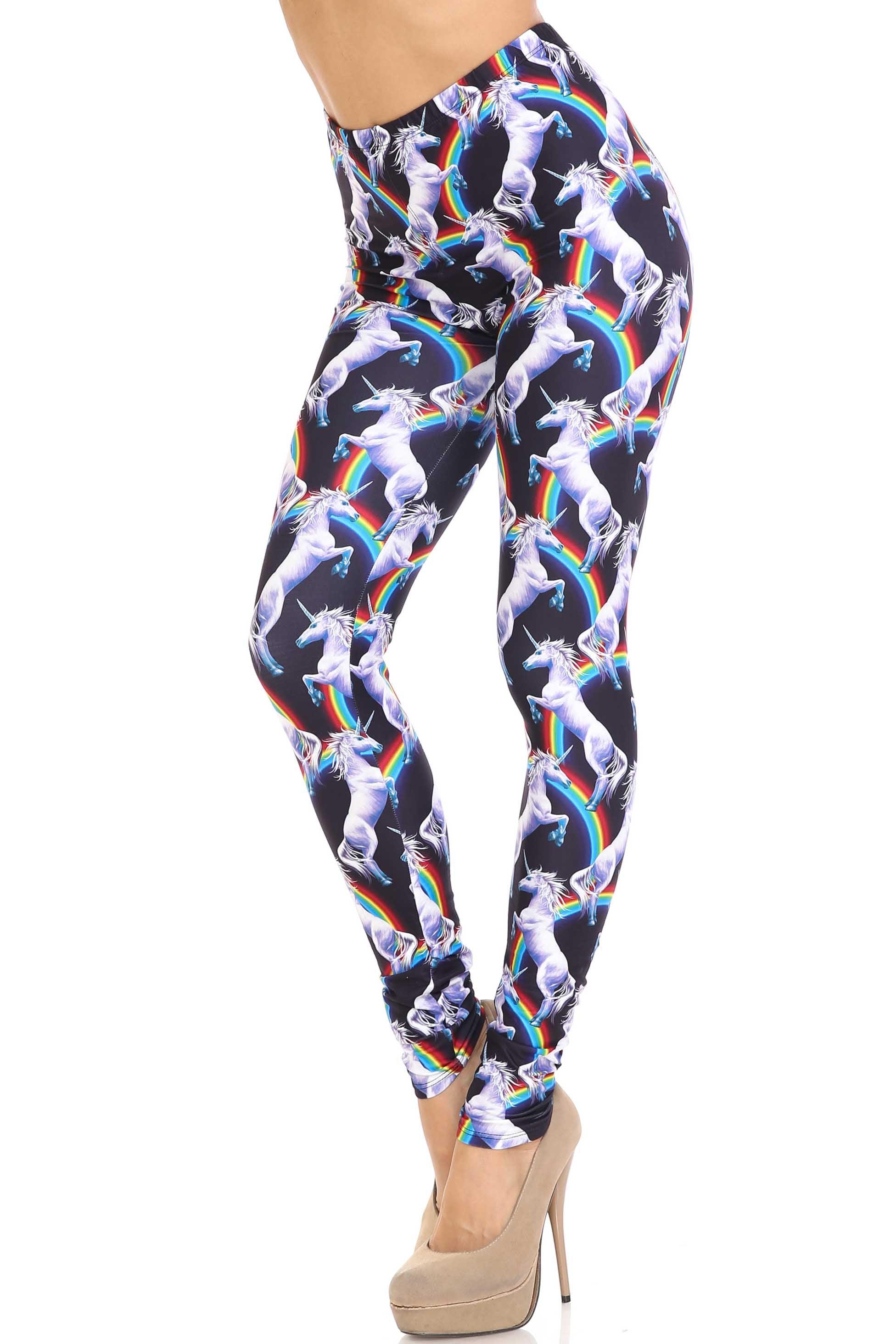 Plus Size - Creamy Soft Women's Laser Print Skin Smoothing Fashion Print Leggings - Rainbow Unicorn