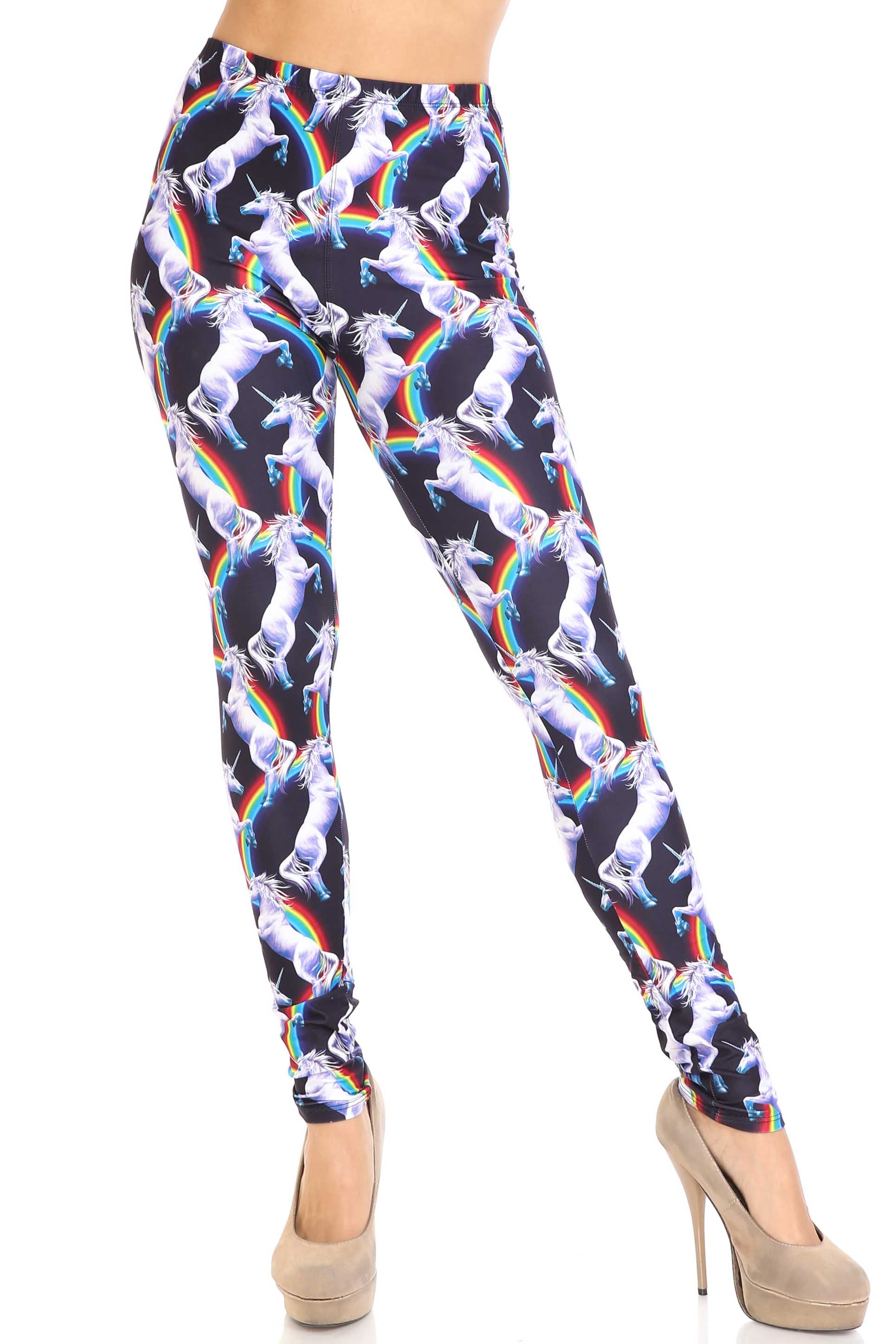 Plus Size - Creamy Soft Women's Laser Print Skin Smoothing Fashion Print Leggings - Rainbow Unicorn