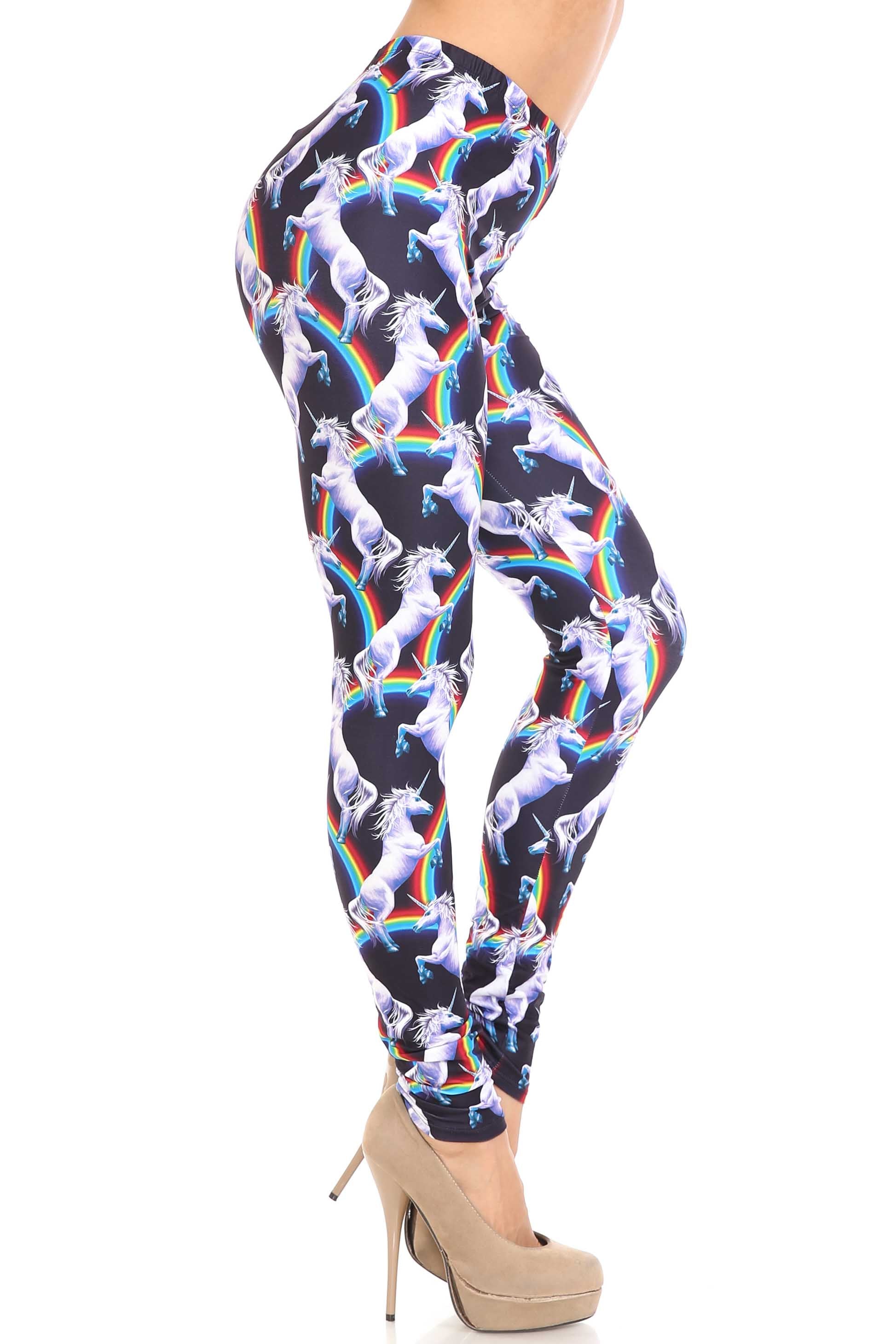 Plus Size - Creamy Soft Women's Laser Print Skin Smoothing Fashion Print Leggings - Rainbow Unicorn