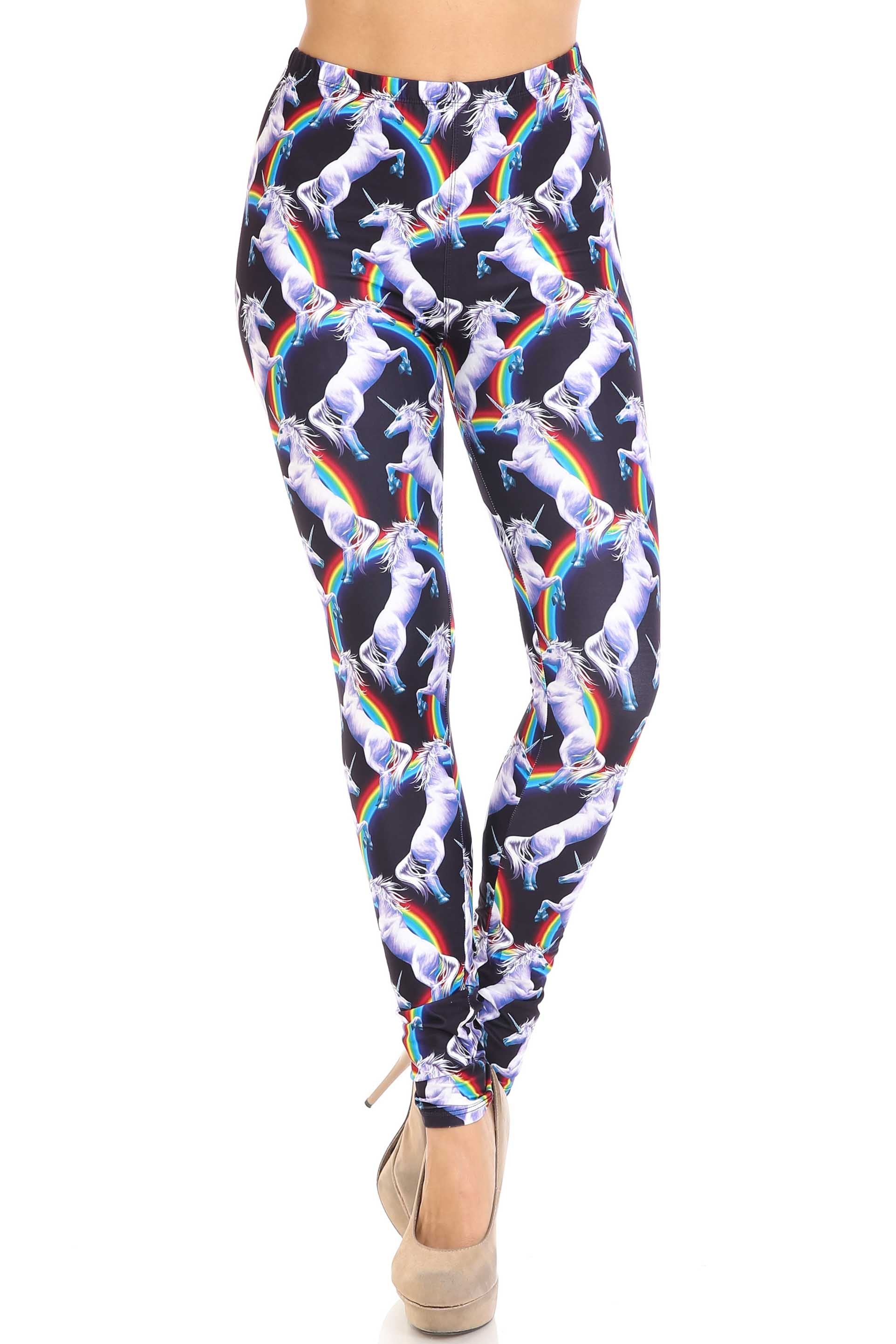 Plus Size - Creamy Soft Women's Laser Print Skin Smoothing Fashion Print Leggings - Rainbow Unicorn