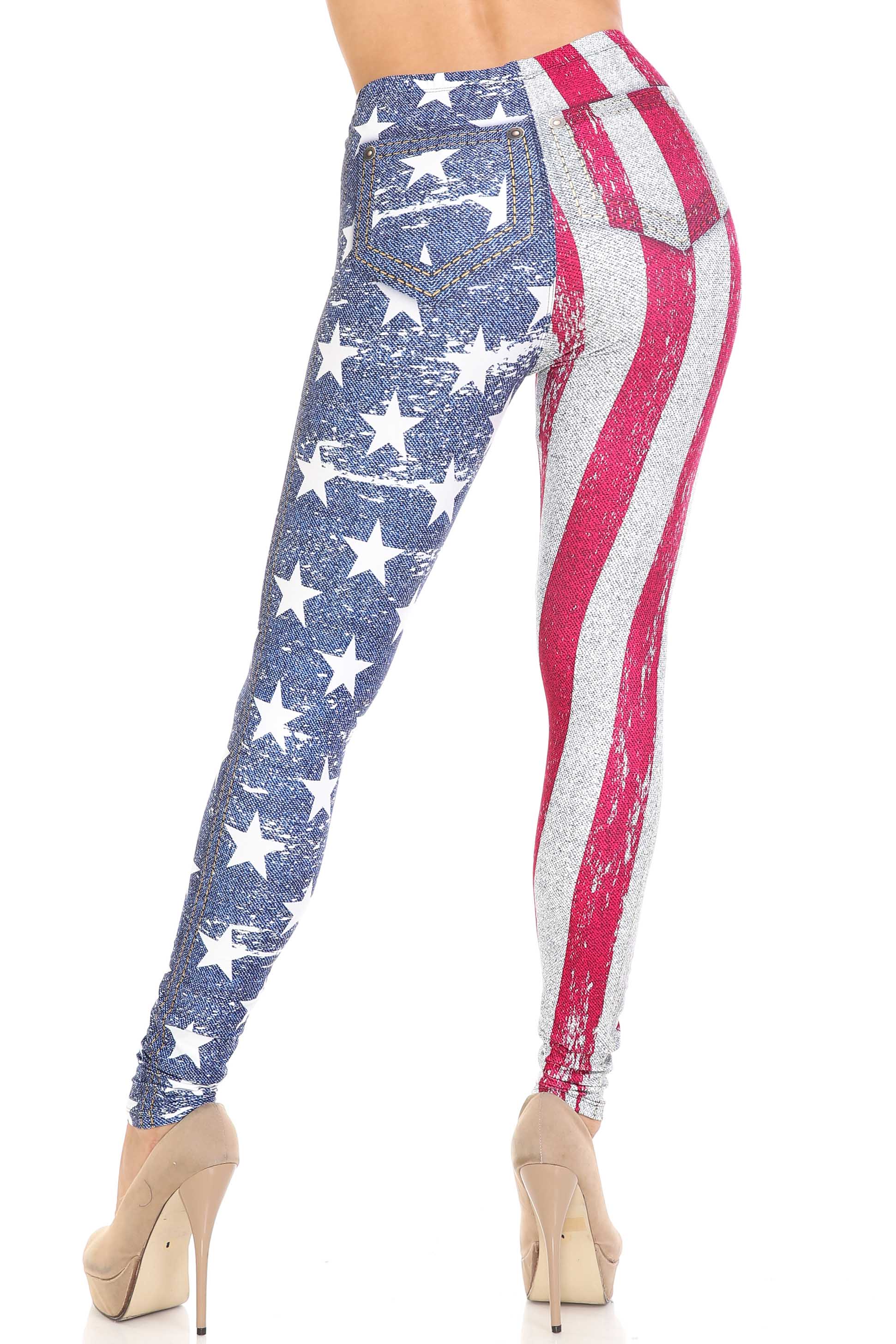 Plus Size - Creamy Soft Women's Laser Print Skin Smoothing Fashion Print Leggings - USA Flag Denim Jeans