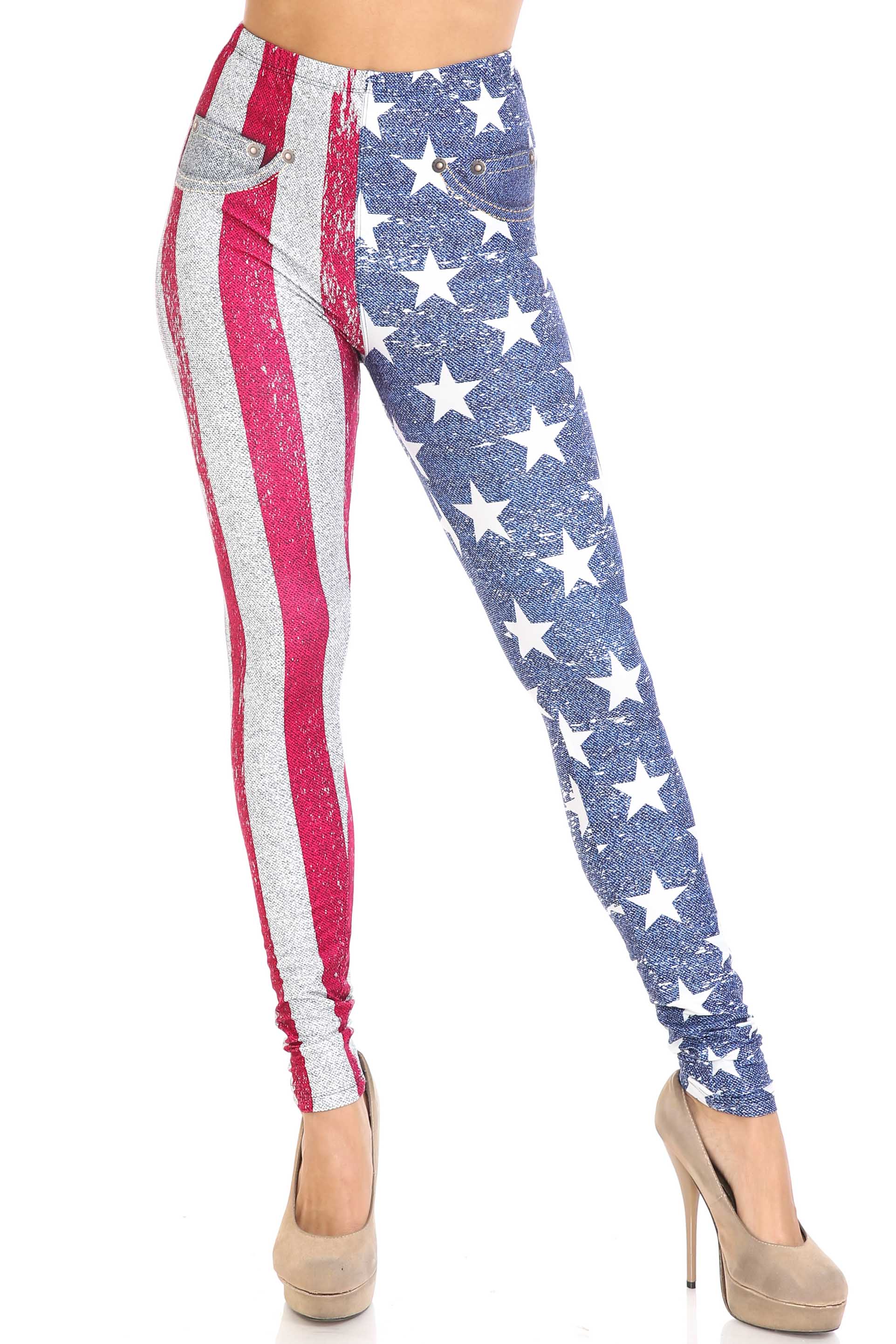 Plus Size - Creamy Soft Women's Laser Print Skin Smoothing Fashion Print Leggings - USA Flag Denim Jeans