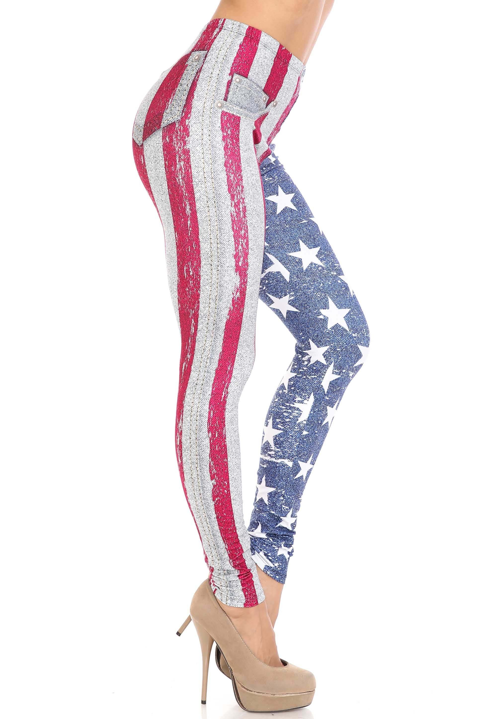 Plus Size - Creamy Soft Women's Laser Print Skin Smoothing Fashion Print Leggings - USA Flag Denim Jeans