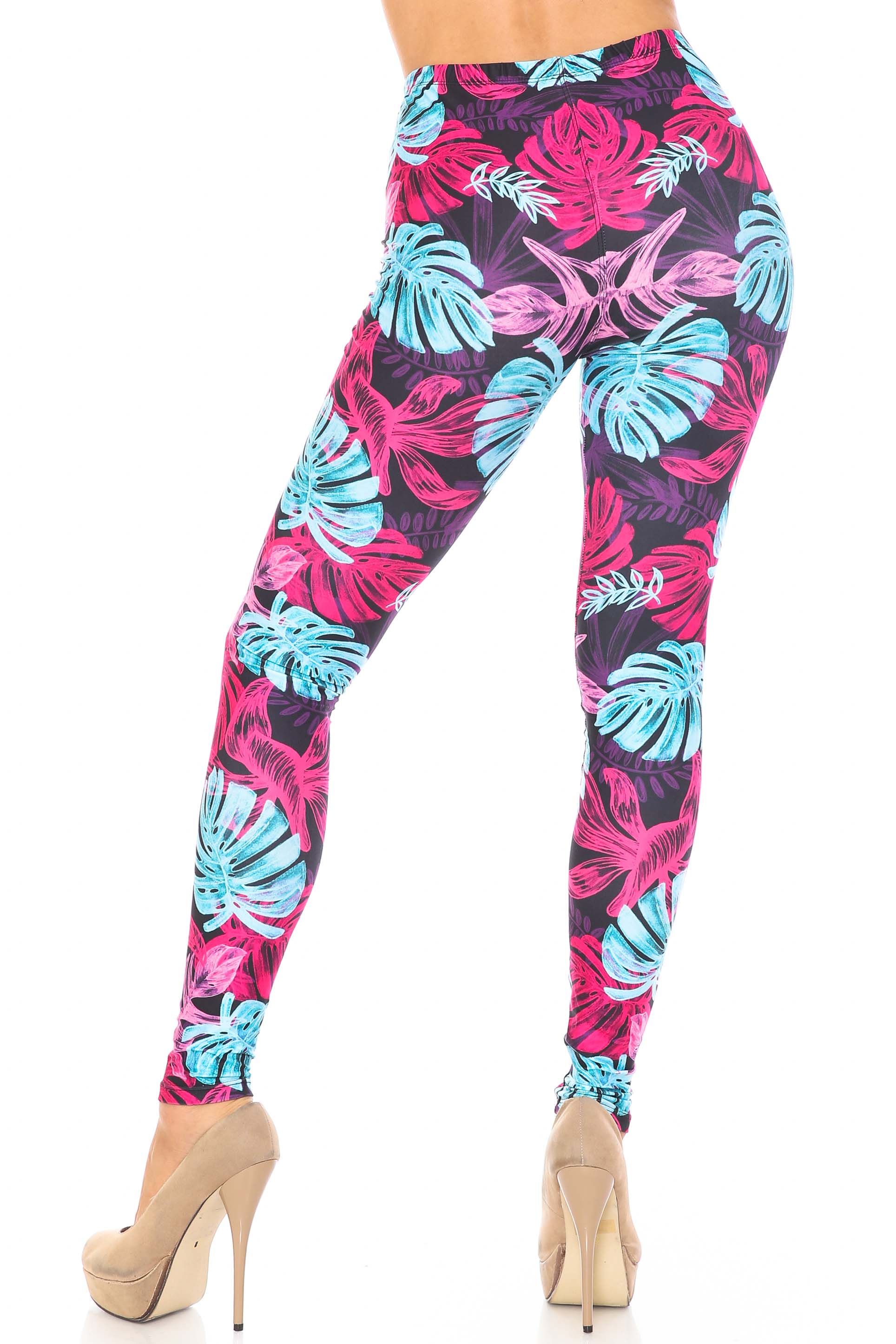 Plus Size - Creamy Soft Women's Laser Print Skin Smoothing Fashion Print Leggings - Vivid Tropical Leaves