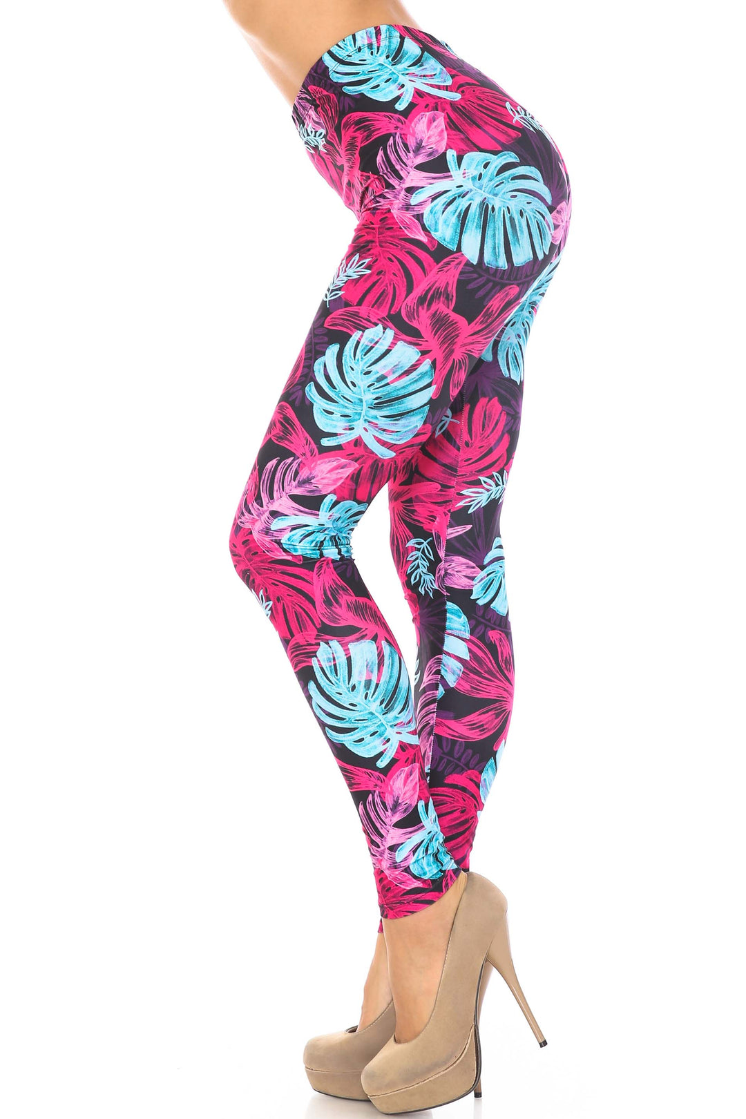 Plus Size - Creamy Soft Women's Laser Print Skin Smoothing Fashion Print Leggings - Vivid Tropical Leaves