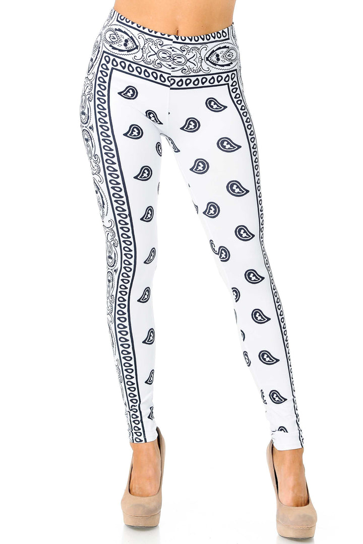 Creamy Soft Premium Women's Leggings White Bandana Plus Size, High Rise, Stretchy & Breathable, Comfortable Fit - by USA Fashion