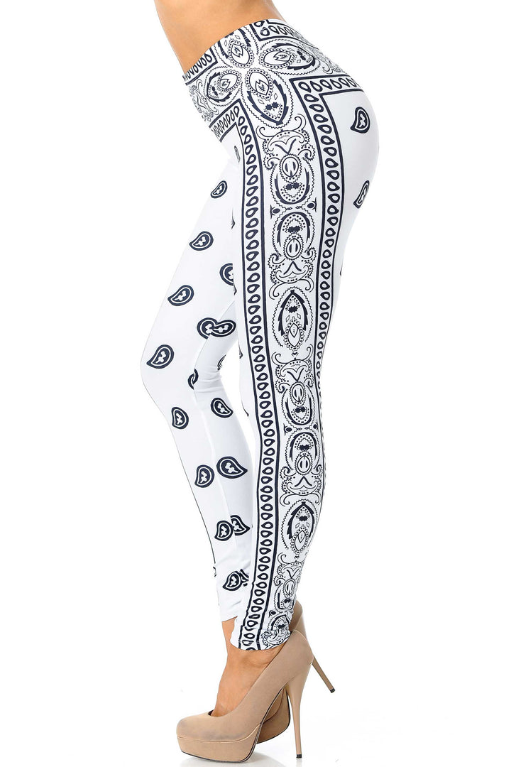 Creamy Soft Premium Women's Leggings White Bandana Plus Size, High Rise, Stretchy & Breathable, Comfortable Fit - by USA Fashion