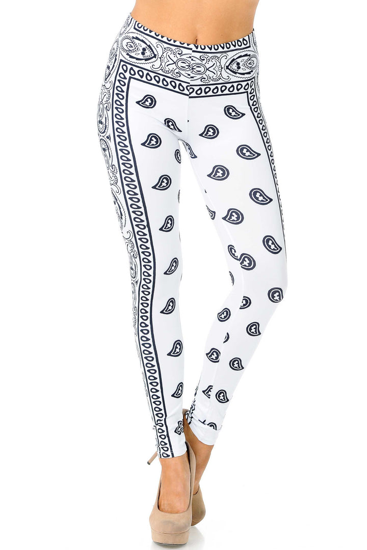 Creamy Soft Premium Women's Leggings White Bandana Plus Size, High Rise, Stretchy & Breathable, Comfortable Fit - by USA Fashion