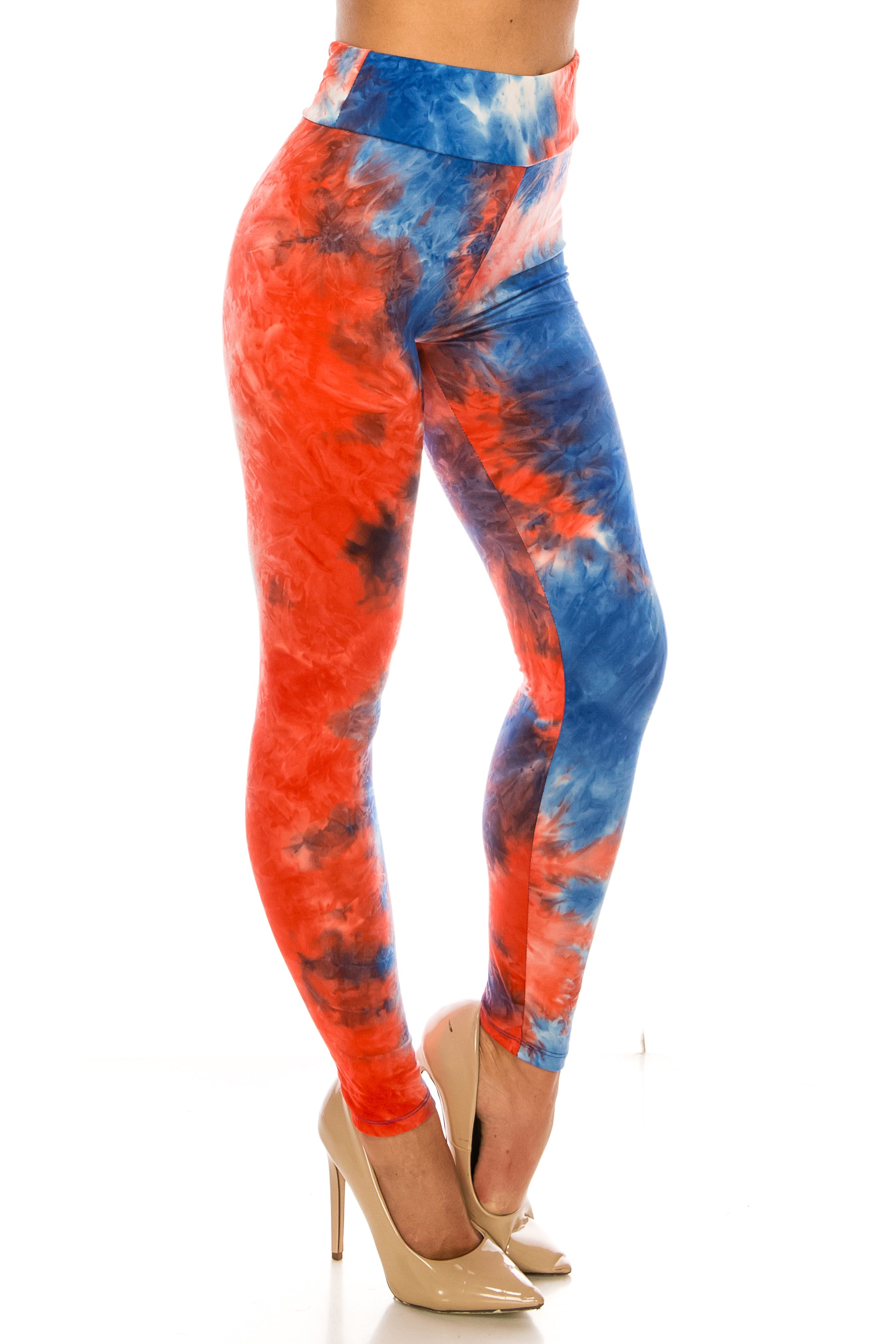 Buttery Soft Red and Blue Tie Dye High Waisted Leggings - Plus Size (One Size Plus,Blue)