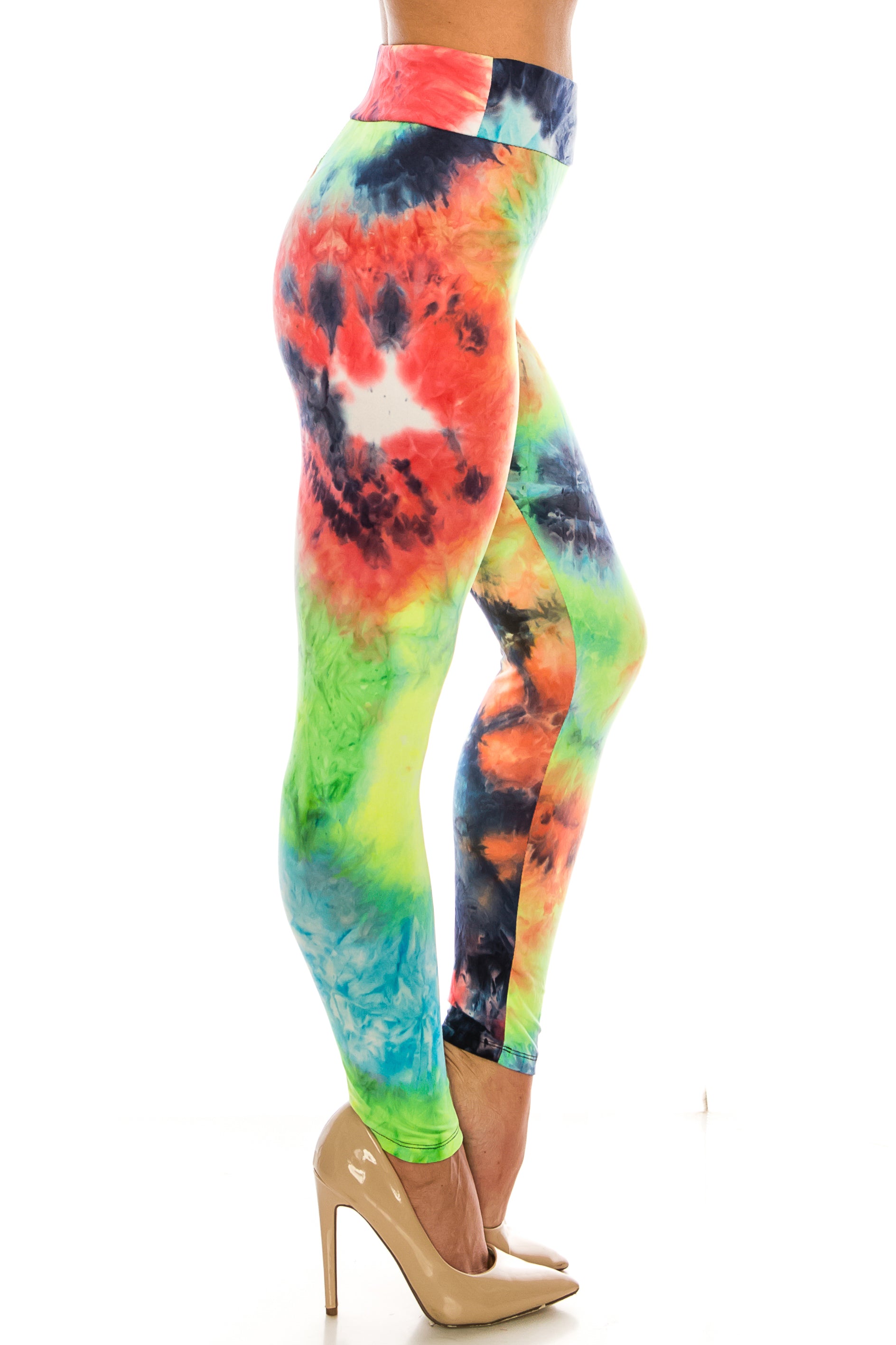 Buttery Soft Summer Yellow Tie Dye High Waisted Leggings - Plus Size (One Size Plus,Yellow)