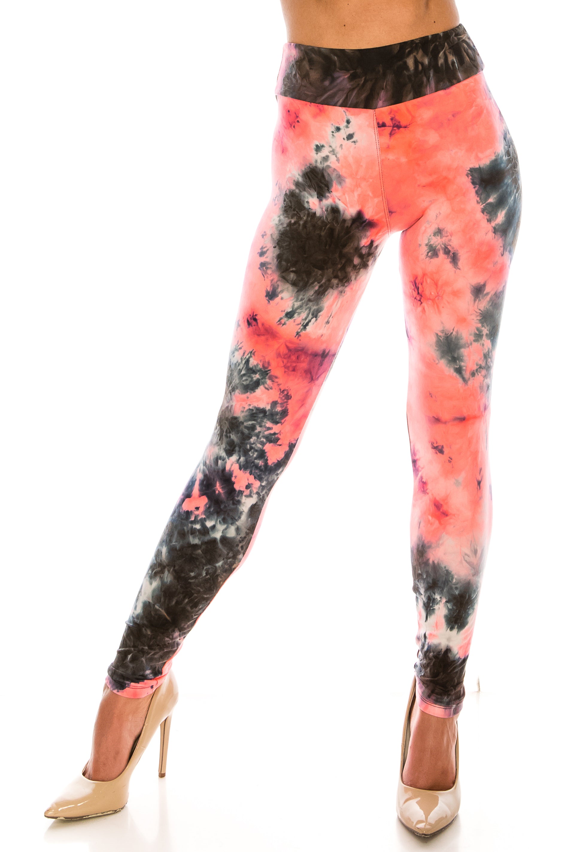 Buttery Soft Coral Tie Dye High Waisted Leggings - Plus Size (One Size Plus,Coral)