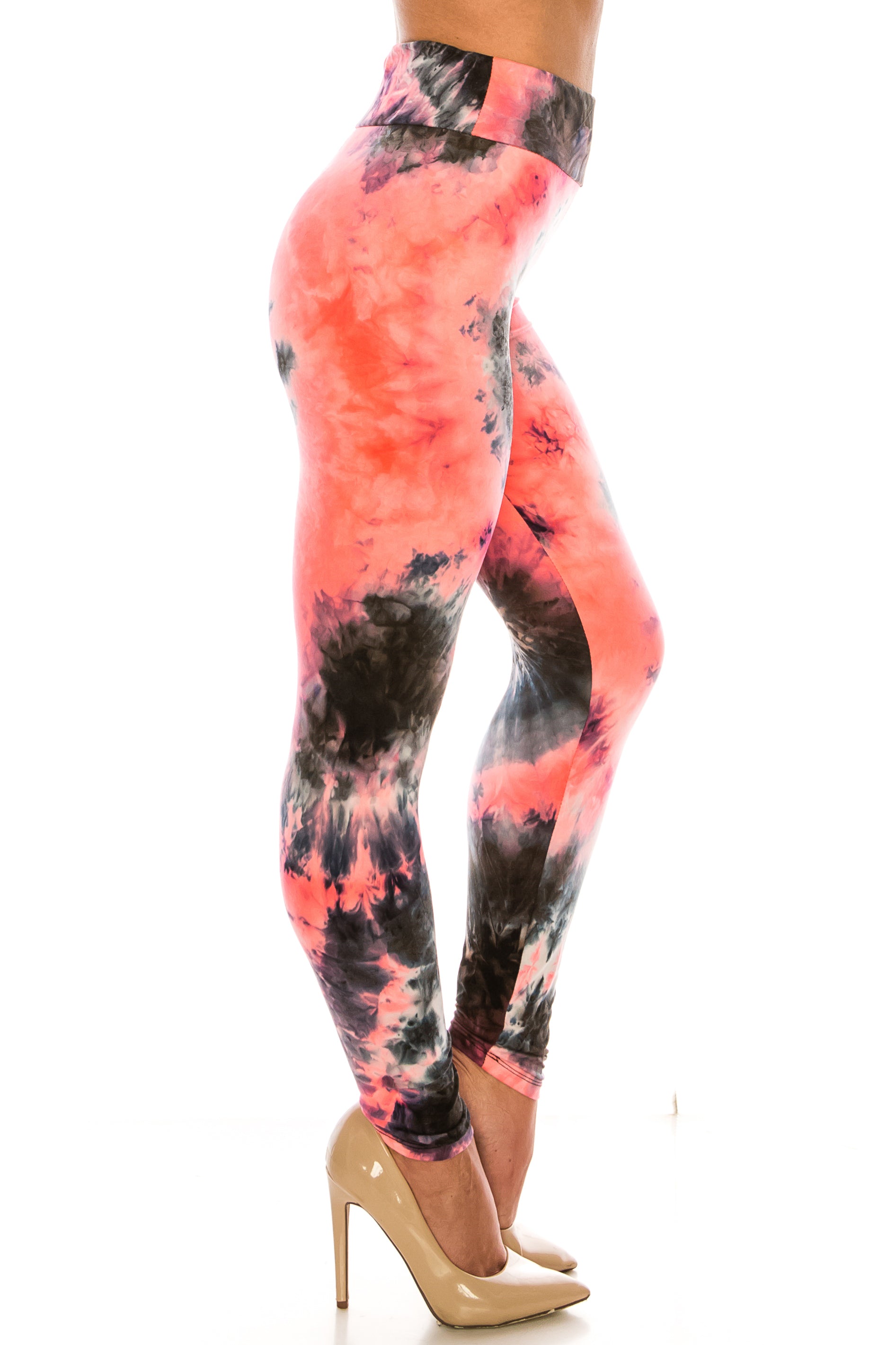 Buttery Soft Coral Tie Dye High Waisted Leggings - Plus Size (One Size Plus,Coral)