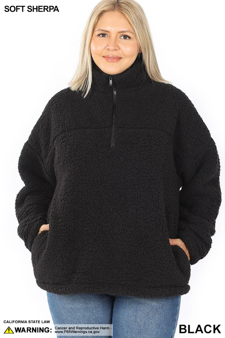 Sherpa Half Zip Pullover with Side Pockets - Plus Size - 1XL 2 XL 3XL