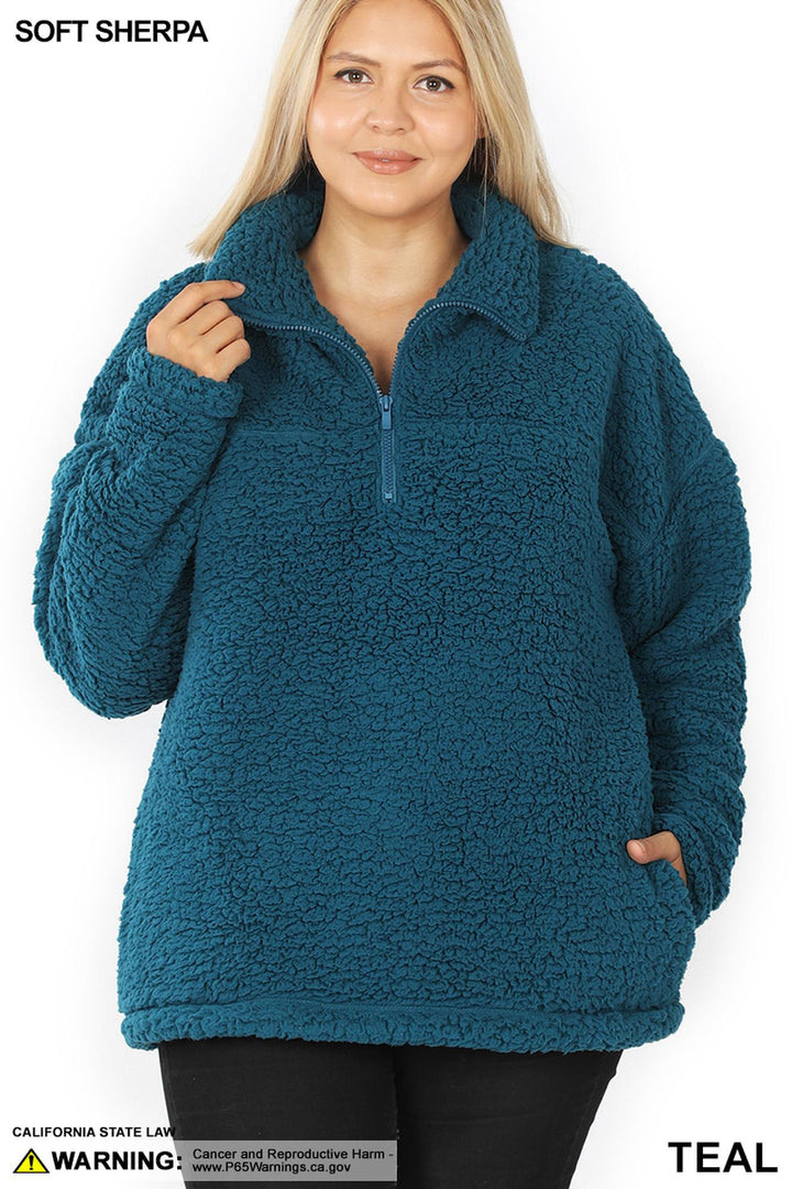 Sherpa Half Zip Pullover with Side Pockets - Plus Size - 1XL 2 XL 3XL