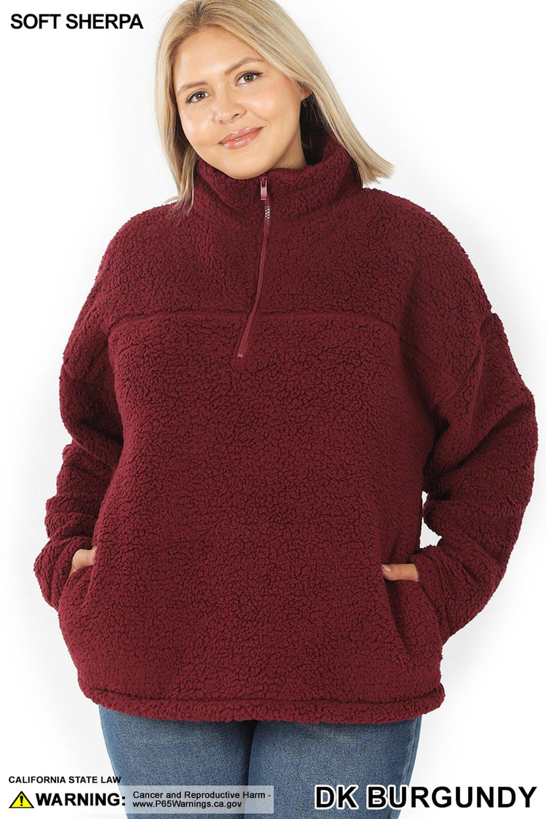 Sherpa Half Zip Pullover with Side Pockets - Plus Size - 1XL 2 XL 3XL