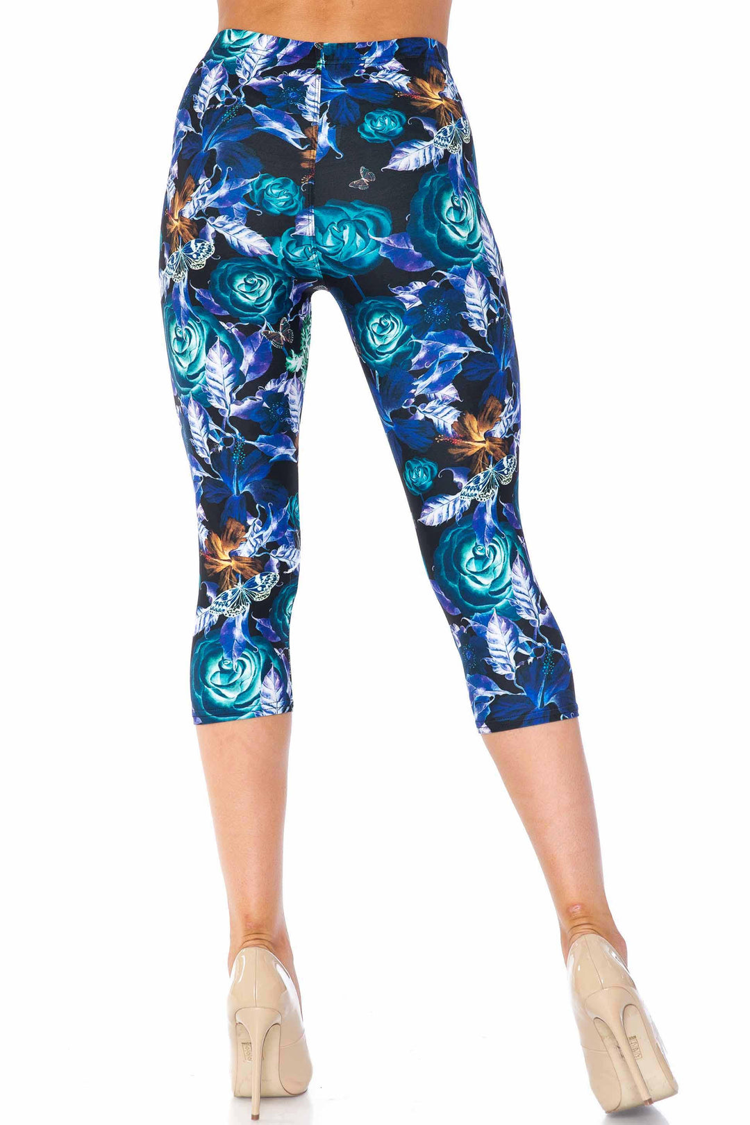 Creamy Soft Electric Blue Floral Butterfly Capris - USA Fashionâ„¢ (One Size Regular,Blue)