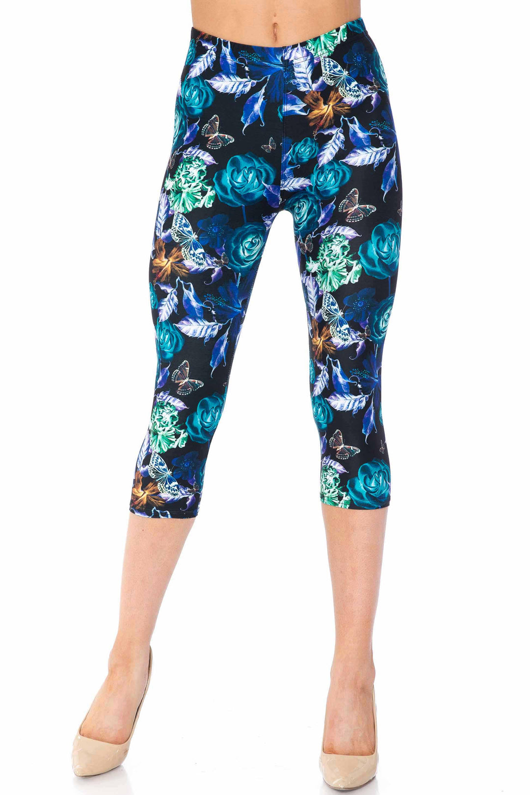 Creamy Soft Electric Blue Floral Butterfly Capris - USA Fashionâ„¢ (One Size Regular,Blue)