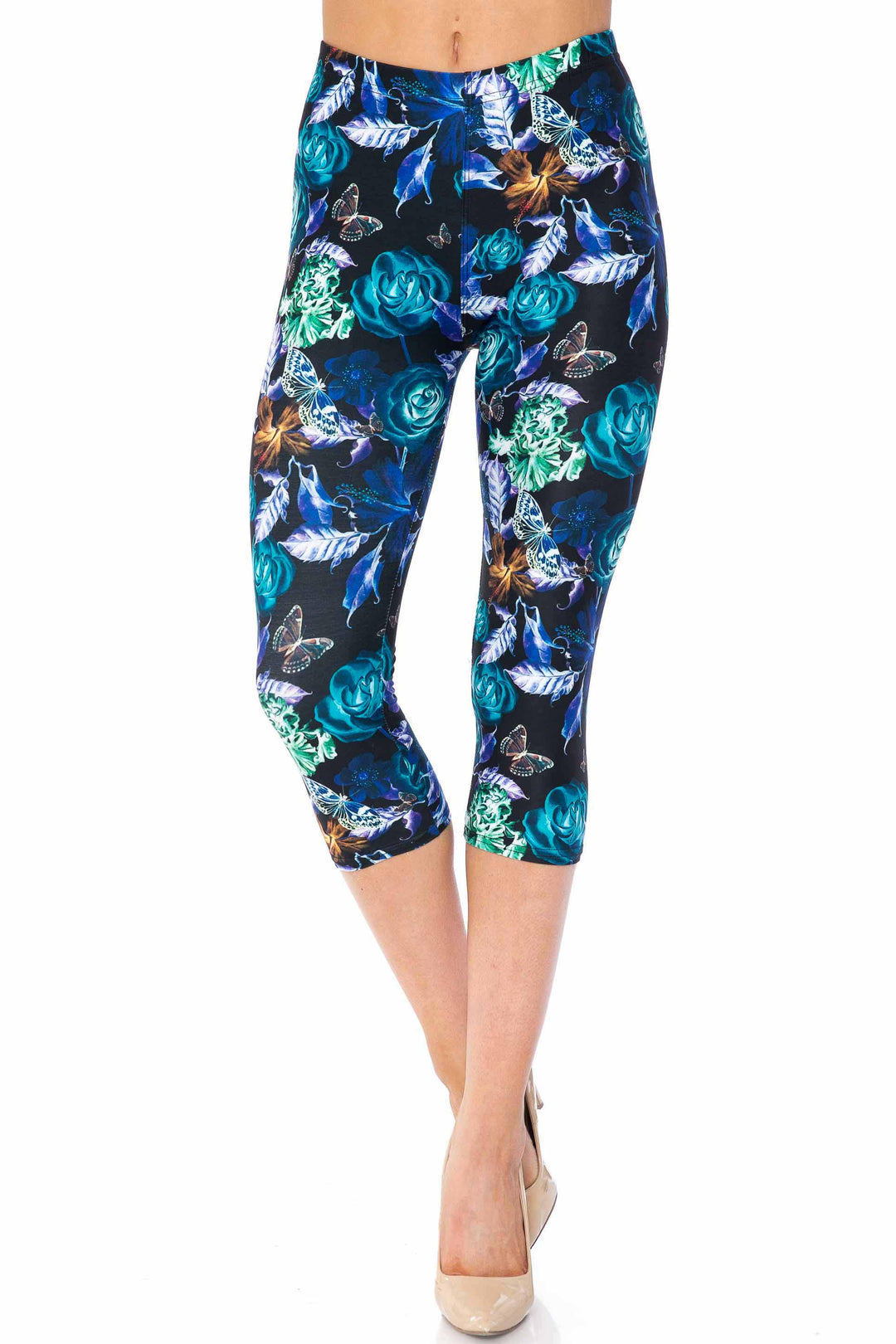 Creamy Soft Electric Blue Floral Butterfly Capris - USA Fashionâ„¢ (One Size Regular,Blue)