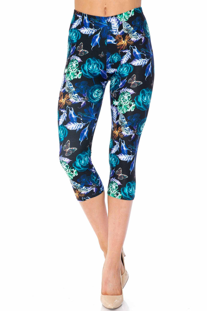 Creamy Soft Electric Blue Floral Butterfly Capris - USA Fashionâ„¢ (One Size Regular,Blue)