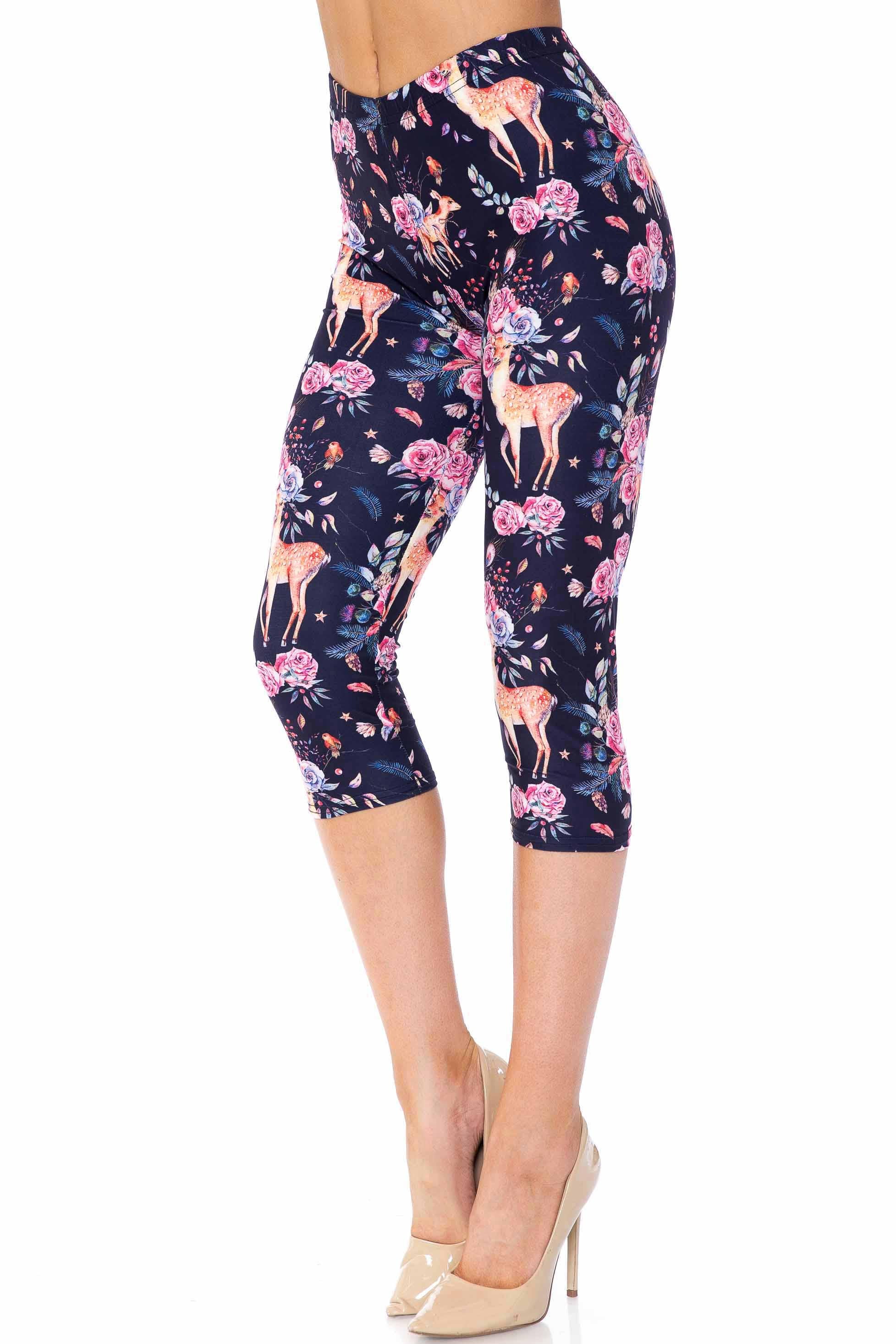 Creamy Soft Woodland Floral Fawn Capris - USA Fashionâ„¢ (One Size Regular,Black)
