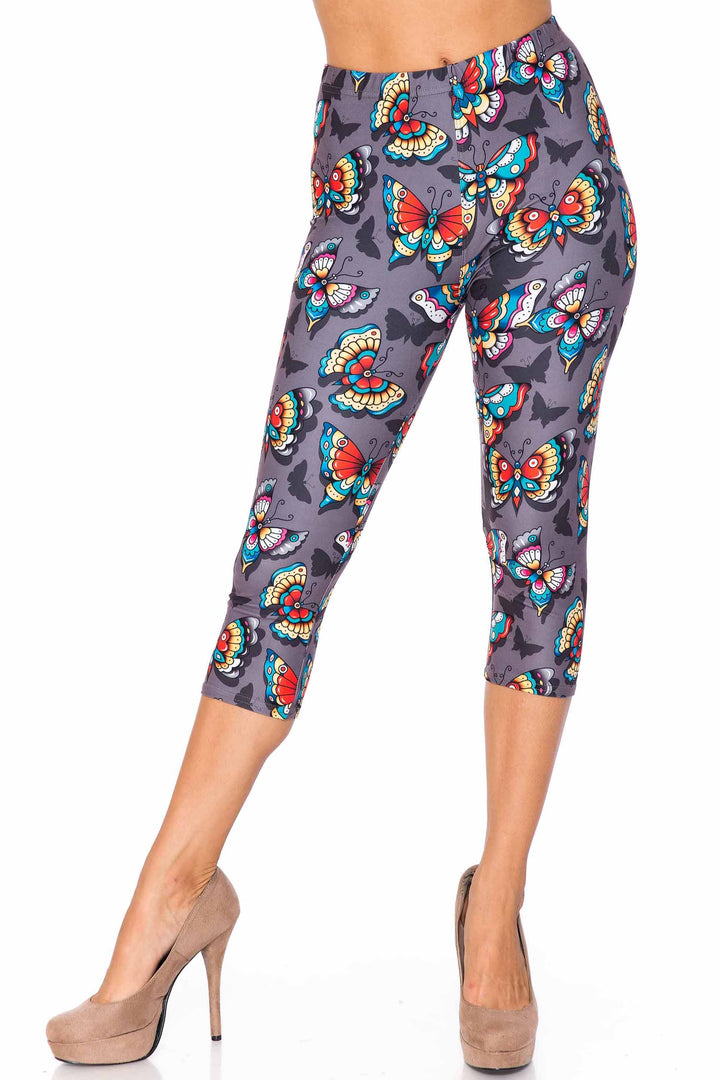 Creamy Soft Jewel Tone Butterfly Capris - USA Fashionâ„¢ (One Size Regular,Charcoal)
