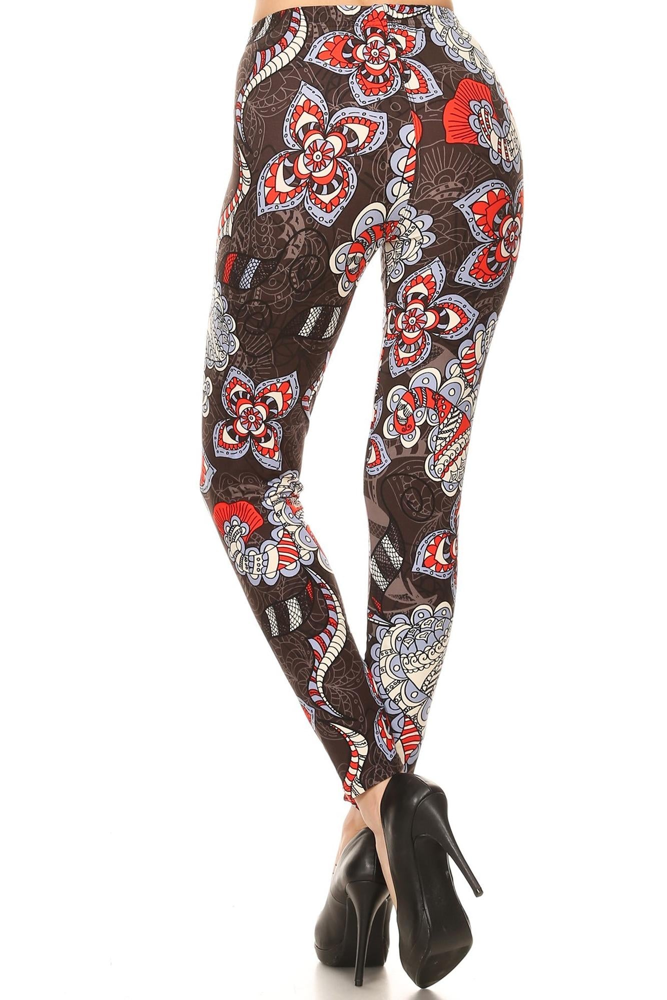 Buttery Soft Ruby Floral Mandala Leggings (One Size Regular,Red)
