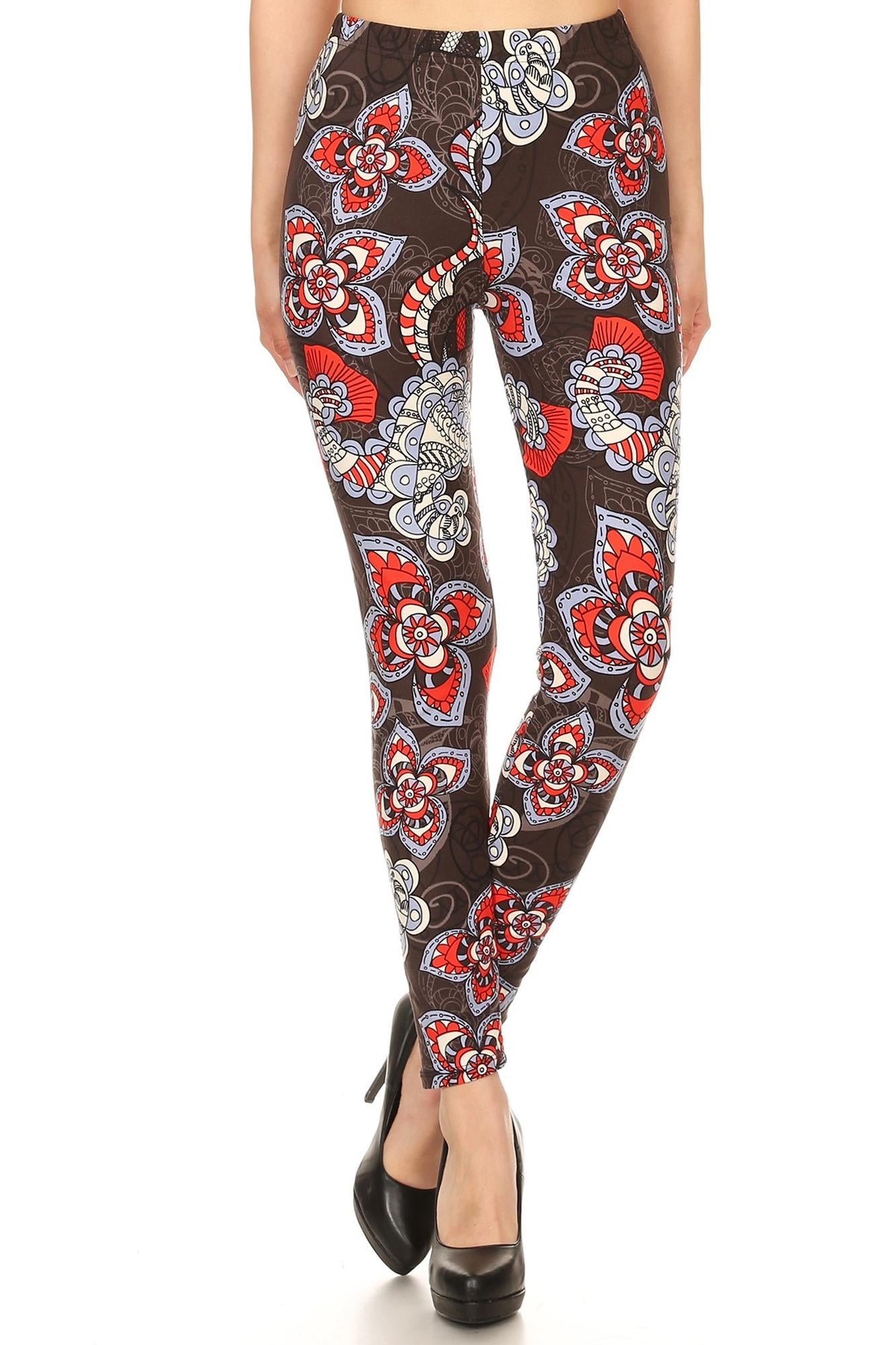 Buttery Soft Ruby Floral Mandala Leggings (One Size Regular,Red)