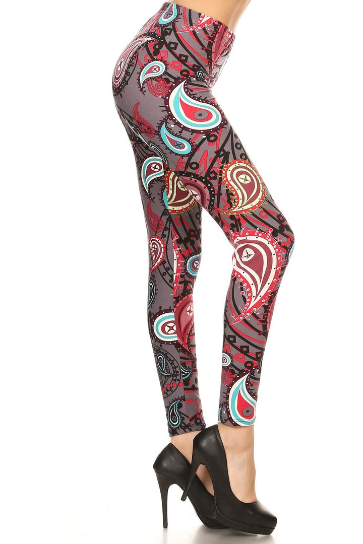 Buttery Soft Jazzy Burgundy Paisley Leggings (One Size Regular,Red)