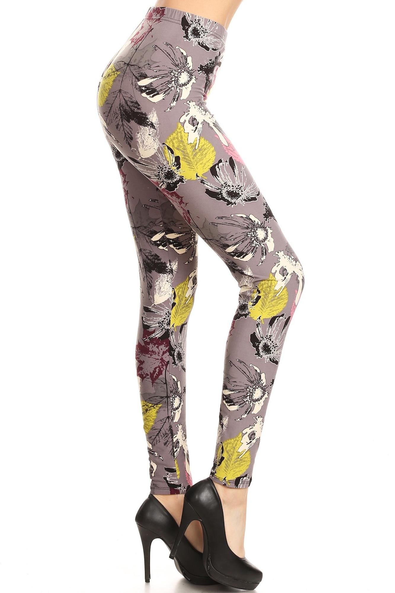 Buttery Soft Fall Leaf Floral Leggings (One Size Regular,Charcoal)