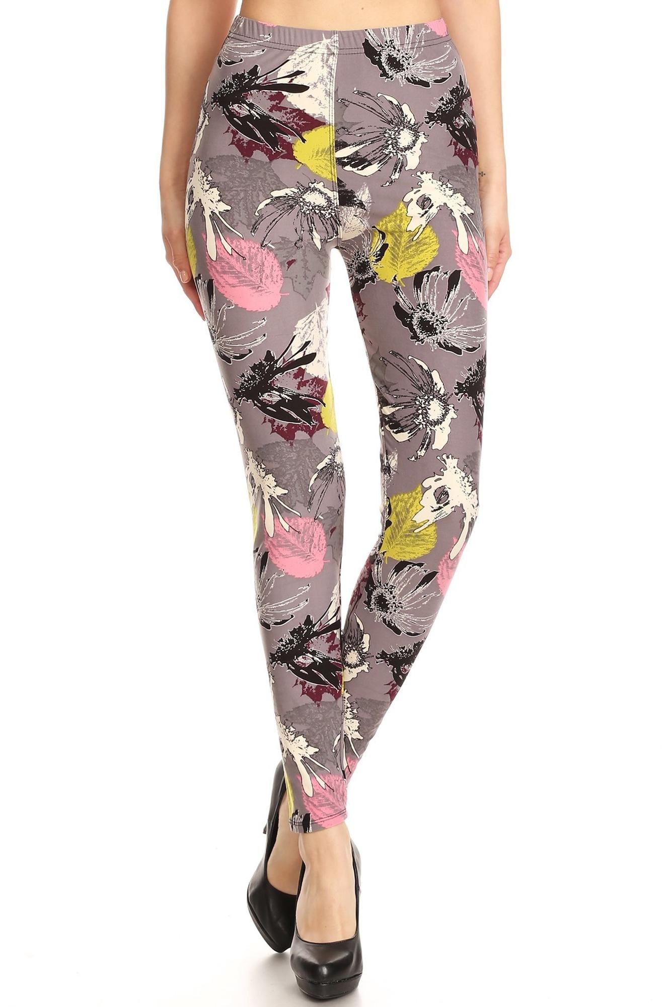 Buttery Soft Fall Leaf Floral Leggings (One Size Regular,Charcoal)