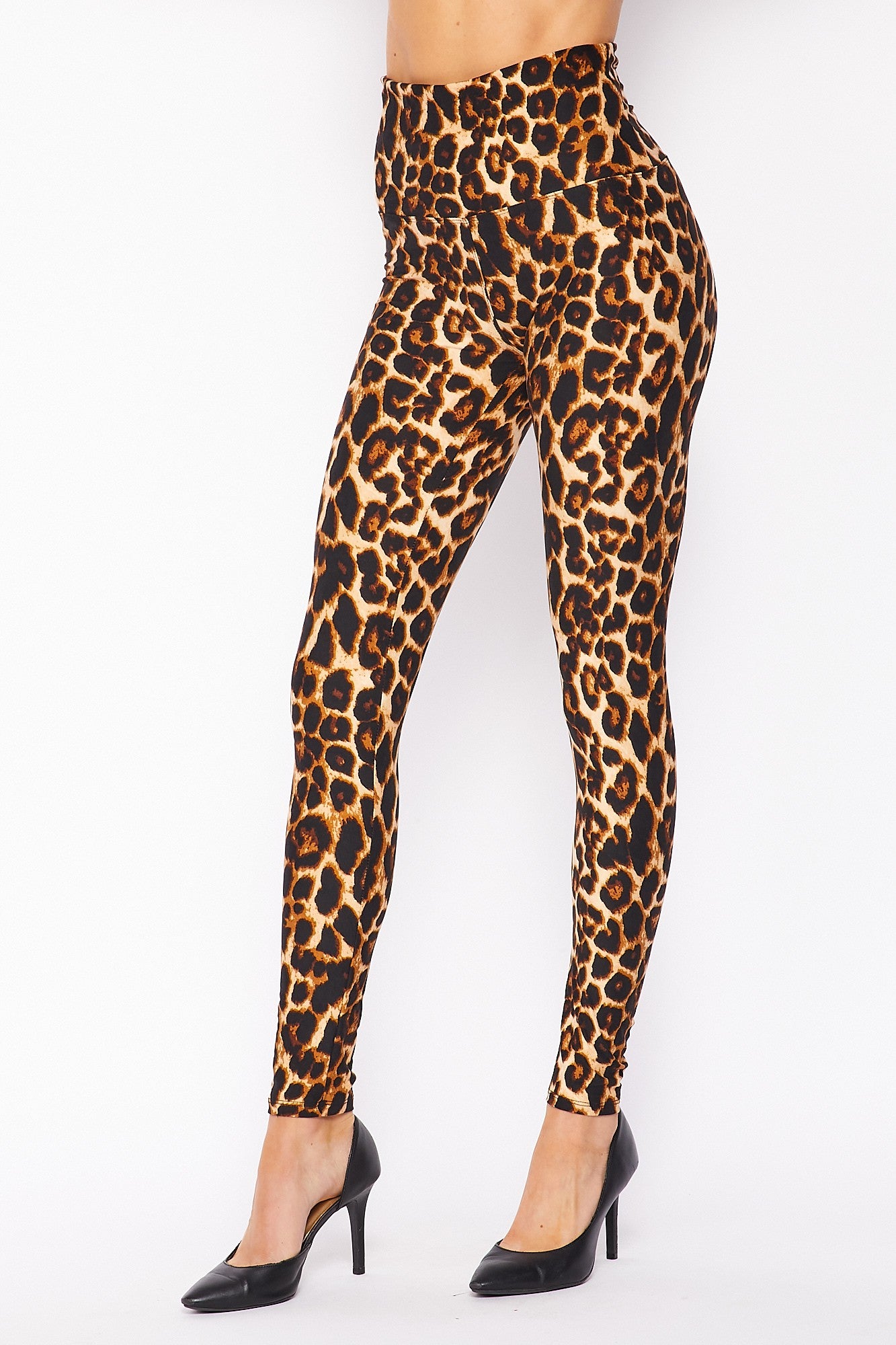 Buttery Smooth Bold and Beautiful High Waist Leopard Leggings - 5 Inch Waist (One Size Regular,Brown)