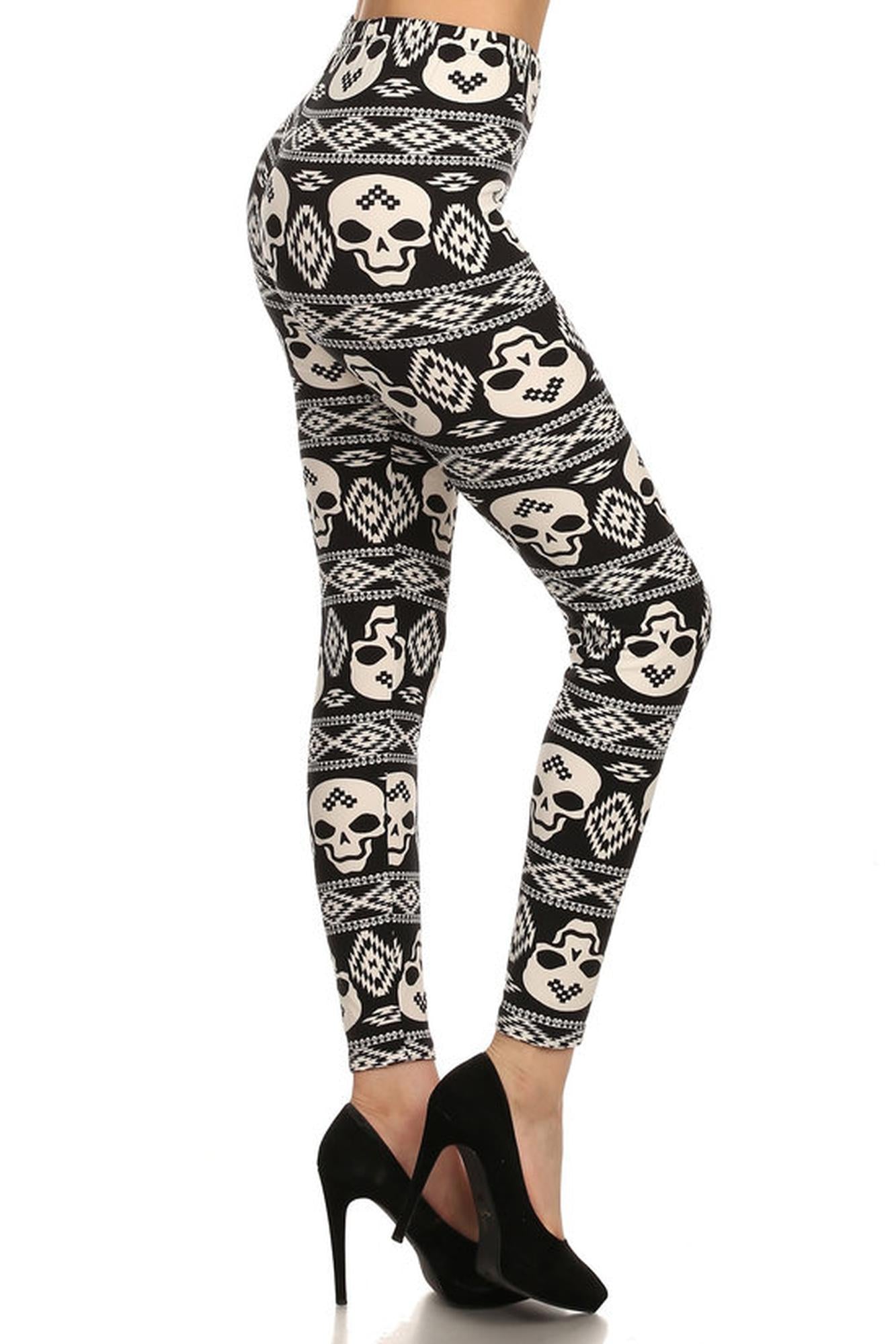 Buttery Soft Skull Tribe Leggings (One Size Regular,Black)