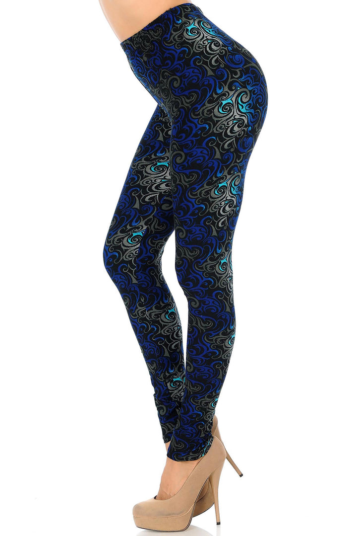 Buttery Soft Blue Tangled Swirl Leggings (One Size Regular,Blue)