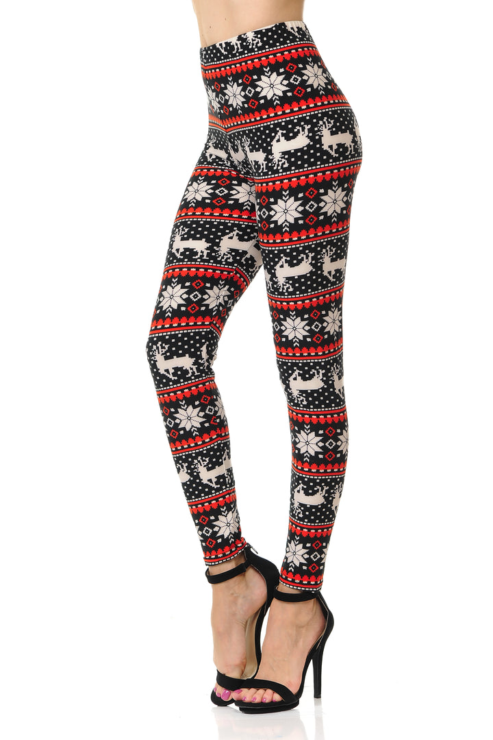 Buttery Soft Snowflakes and Reindeer Christmas Leggings (One Size Regular,Red)