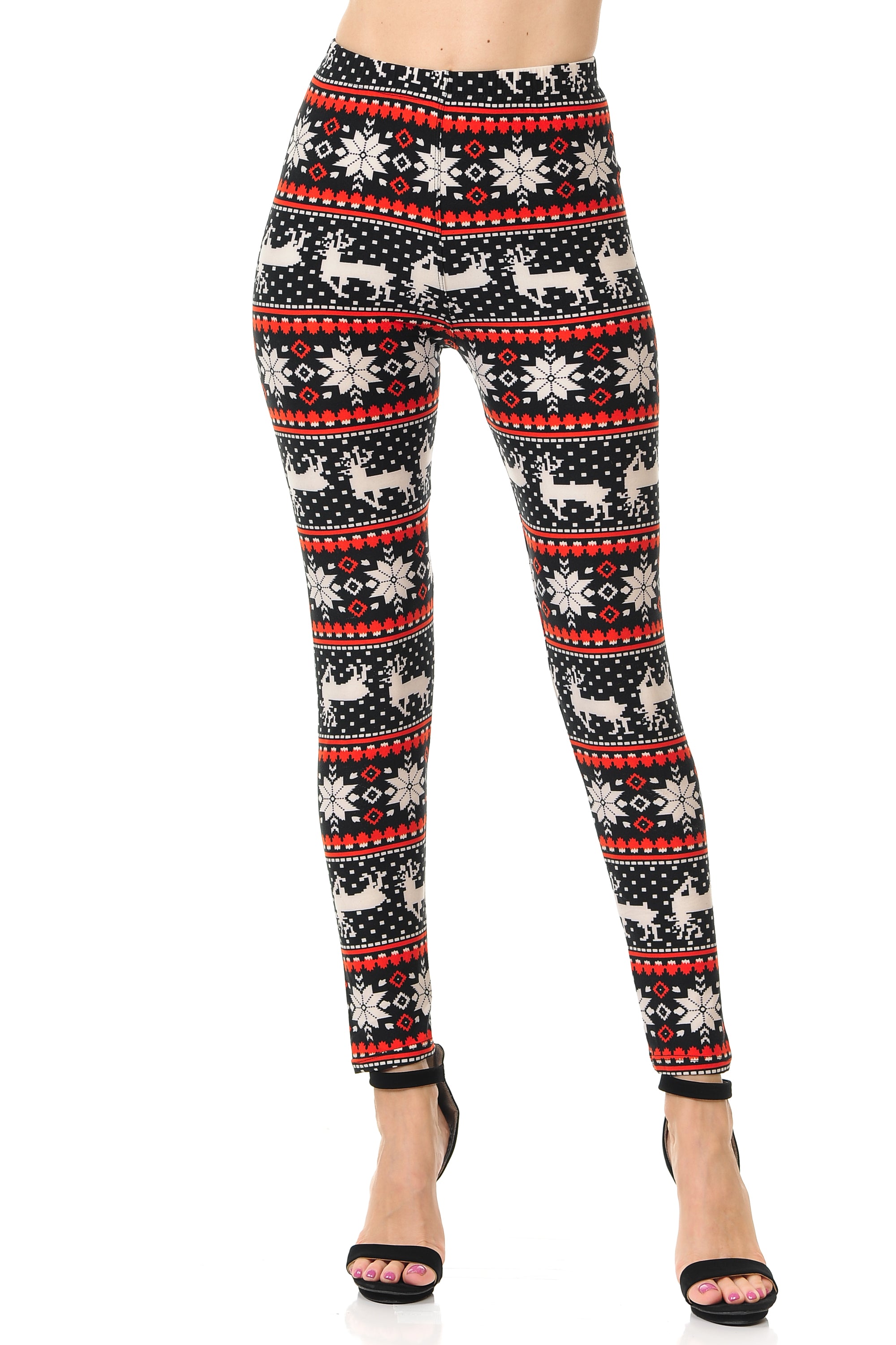 Buttery Soft Snowflakes and Reindeer Christmas Leggings (One Size Regular,Red)
