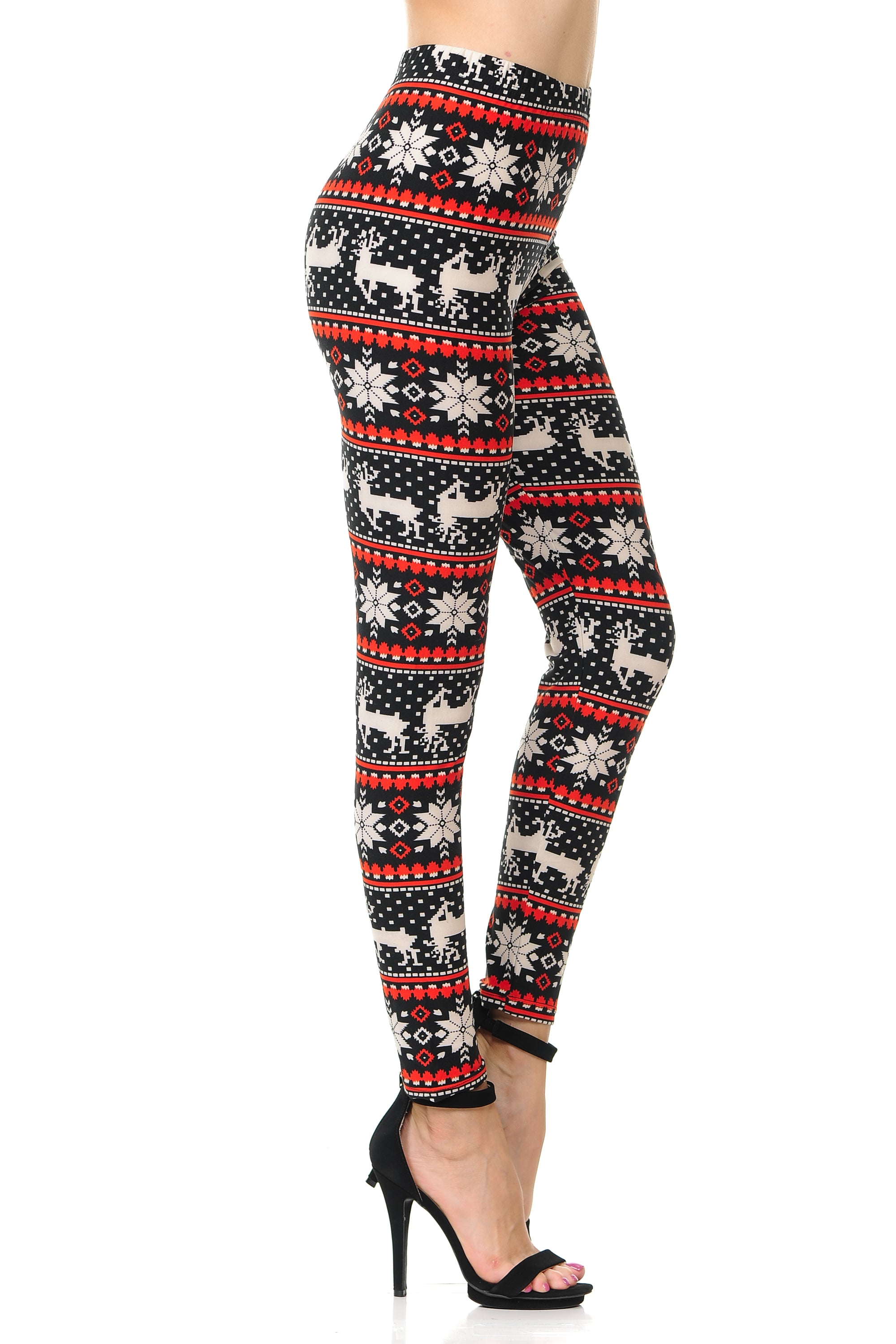 Buttery Soft Snowflakes and Reindeer Christmas Leggings (One Size Regular,Red)